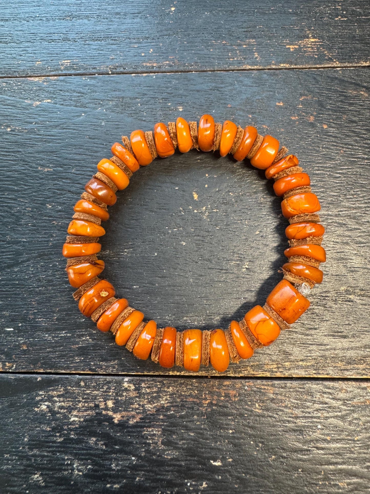 Natural Dark Honey Baltic Amber Bracelet with Leather Spacers, 9-11mm Beads, Fits Wrists Under 8 Inches, Meditation Jewelry