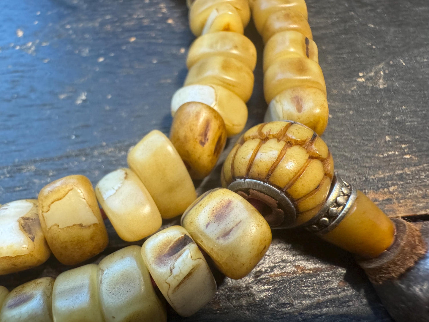 108 Camel Tooth Mala with Yak Bone Skull Guru Bead & Copper Accents | 13mm Tibetan Cemetery Style Bone Prayer Beads