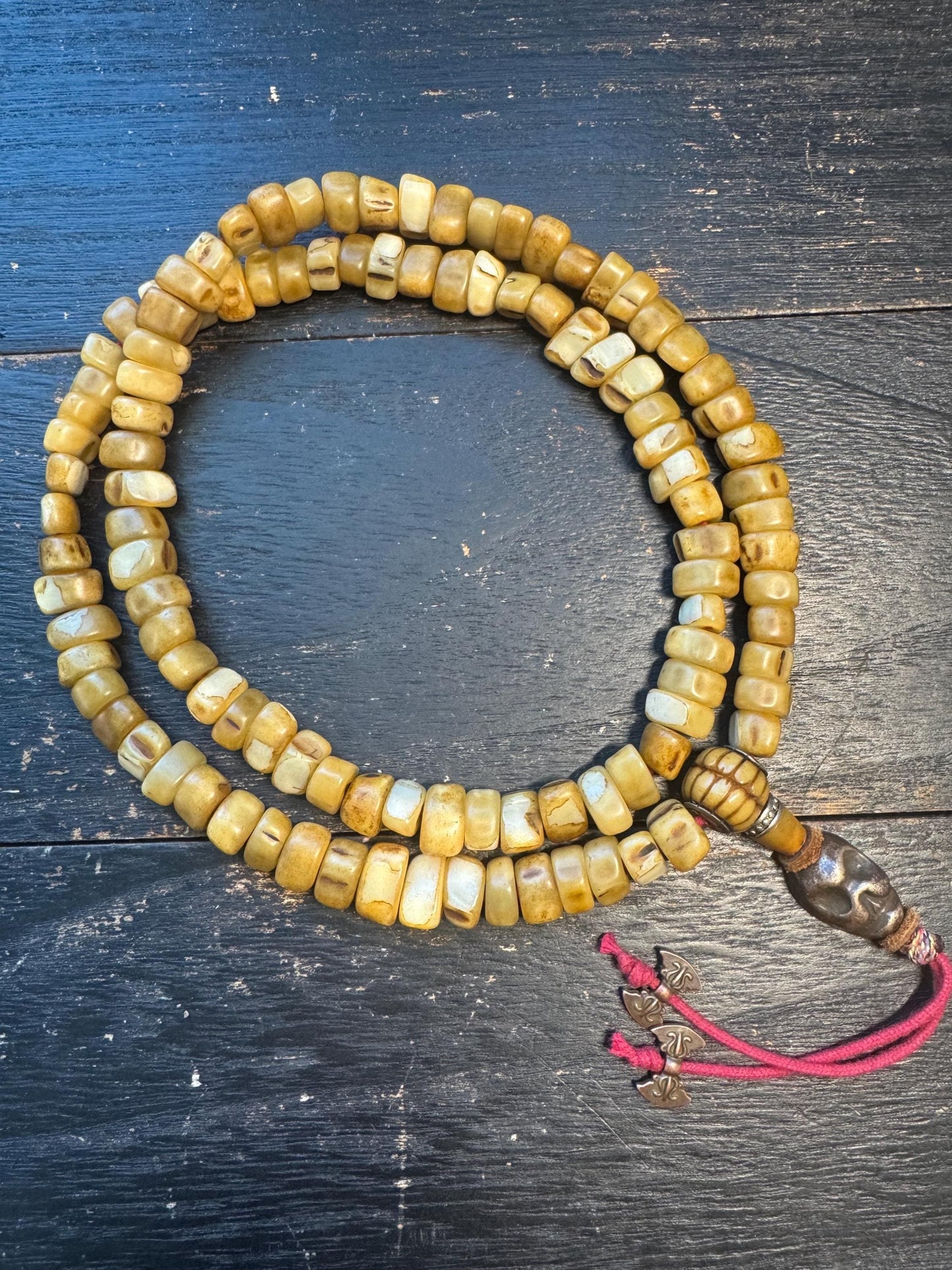 108 Camel Tooth Mala with Yak Bone Skull Guru Bead & Copper Accents | 13mm Tibetan Cemetery Style Bone Prayer Beads