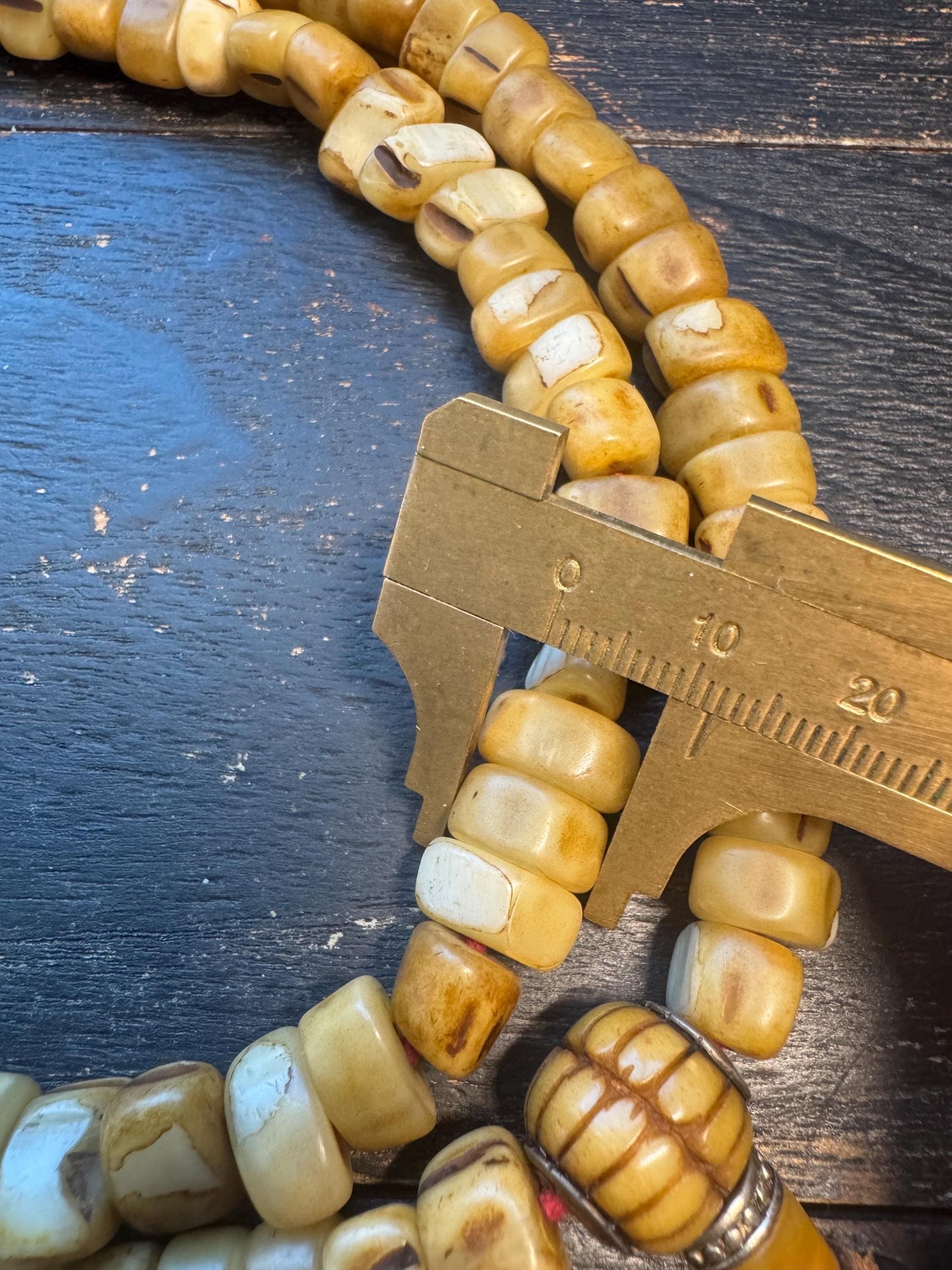 108 Camel Tooth Mala with Yak Bone Skull Guru Bead & Copper Accents | 13mm Tibetan Cemetery Style Bone Prayer Beads