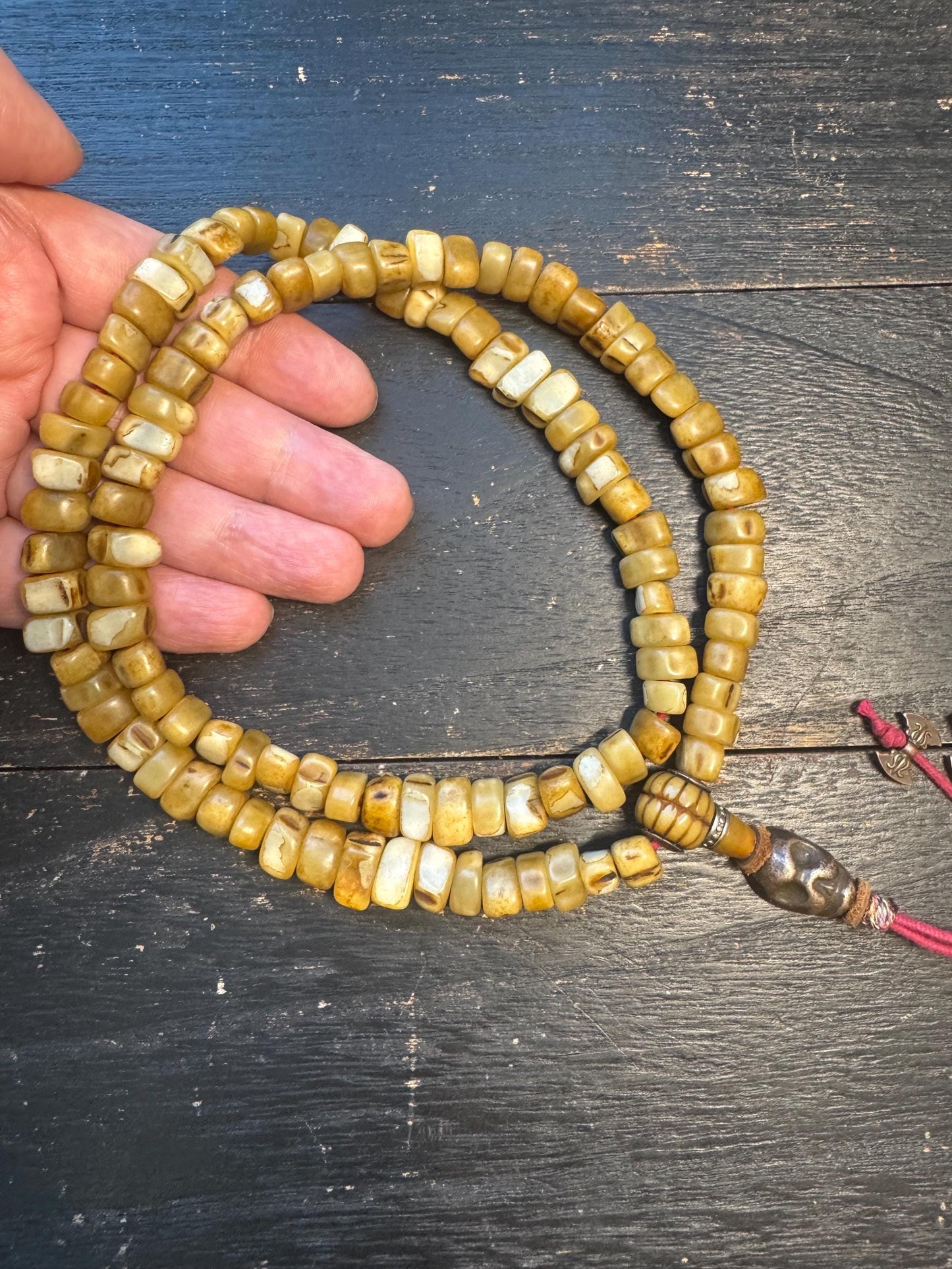 108 Camel Tooth Mala with Yak Bone Skull Guru Bead & Copper Accents | 13mm Tibetan Cemetery Style Bone Prayer Beads