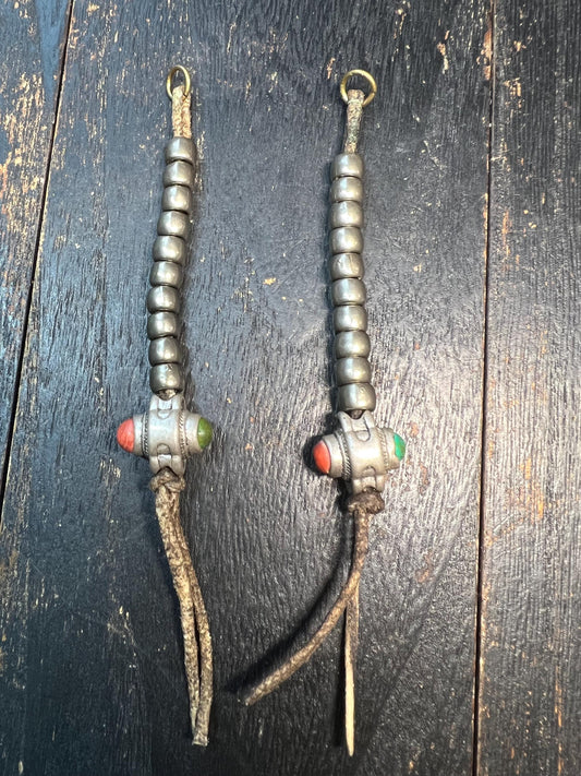 Vintage Tibetan White Metal Mala Counters, Pair with Green & Red Glass Beads on Leather Cord, Rustic Buddhist Prayer Bea