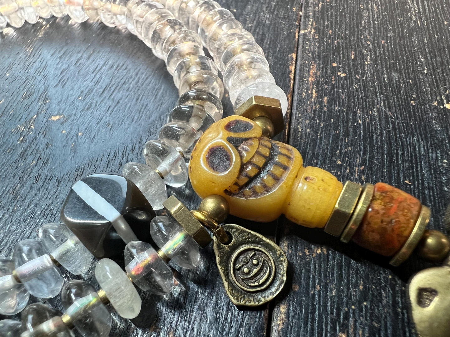 Handcrafted 108 Rock Crystal Bead Mala with Yak Bone Chödlin Skull Guru Bead, Agate Spacers & Copper Accents – Tibetan Prayer Necklace