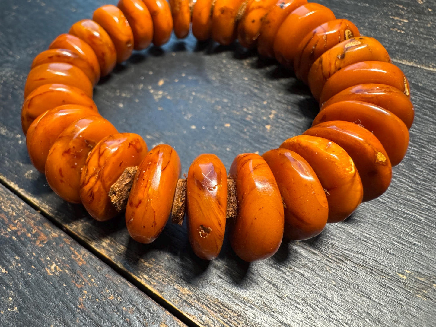 Natural Dark Honey Baltic Amber Bracelet with Leather Spacers, 17mm Beads, Fits Wrists Under 8 Inches, Meditation Jewelry
