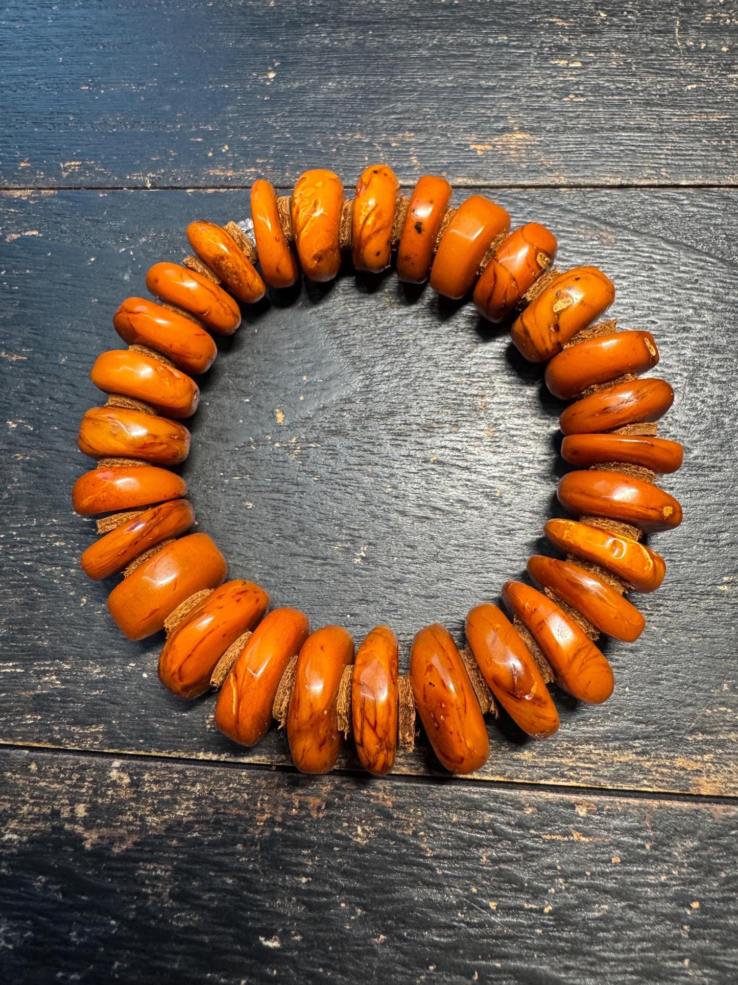 Natural Dark Honey Baltic Amber Bracelet with Leather Spacers, 17mm Beads, Fits Wrists Under 8 Inches, Meditation Jewelry
