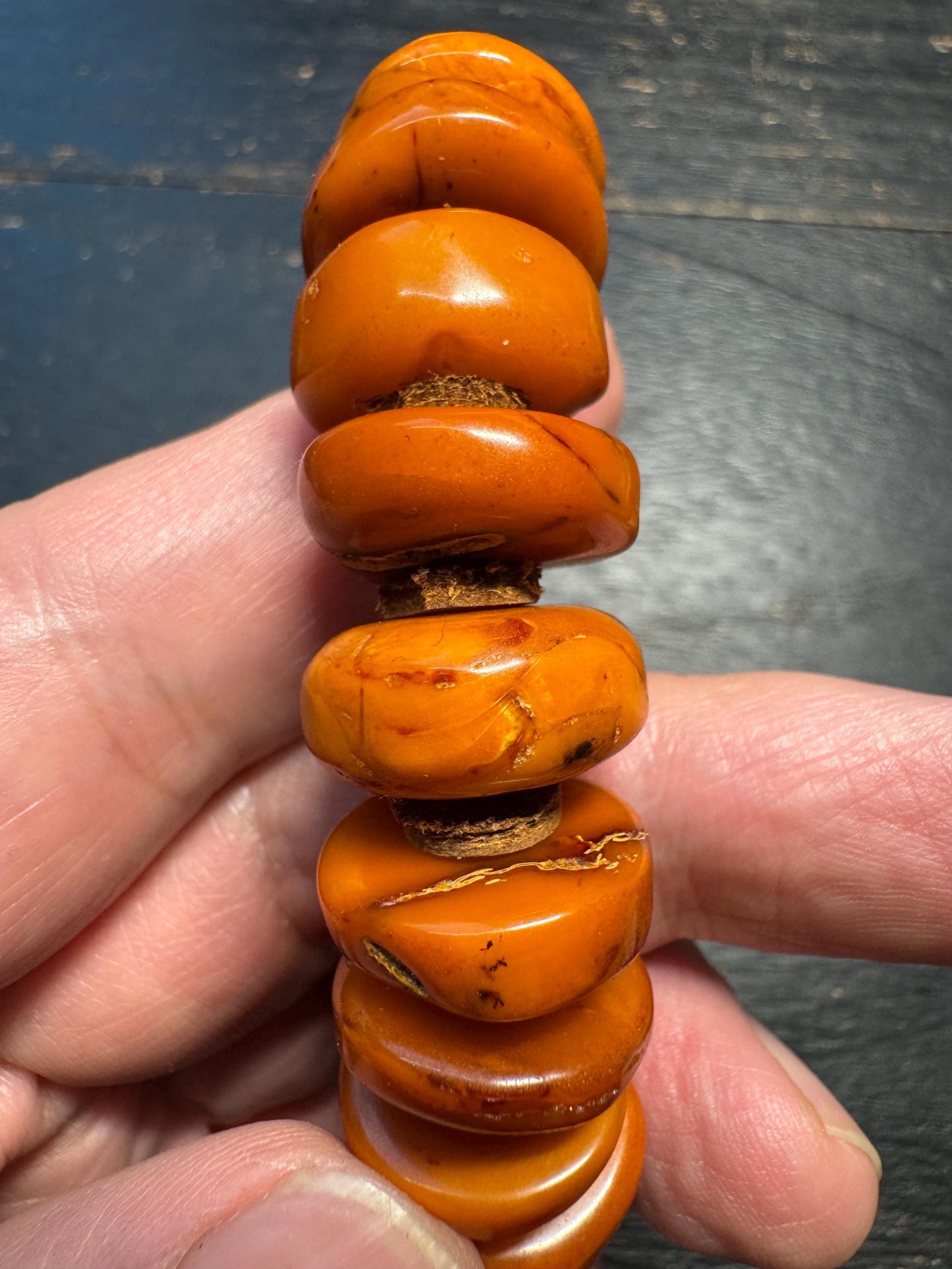 Natural Dark Honey Baltic Amber Bracelet with Leather Spacers, 17mm Beads, Fits Wrists Under 8 Inches, Meditation Jewelry