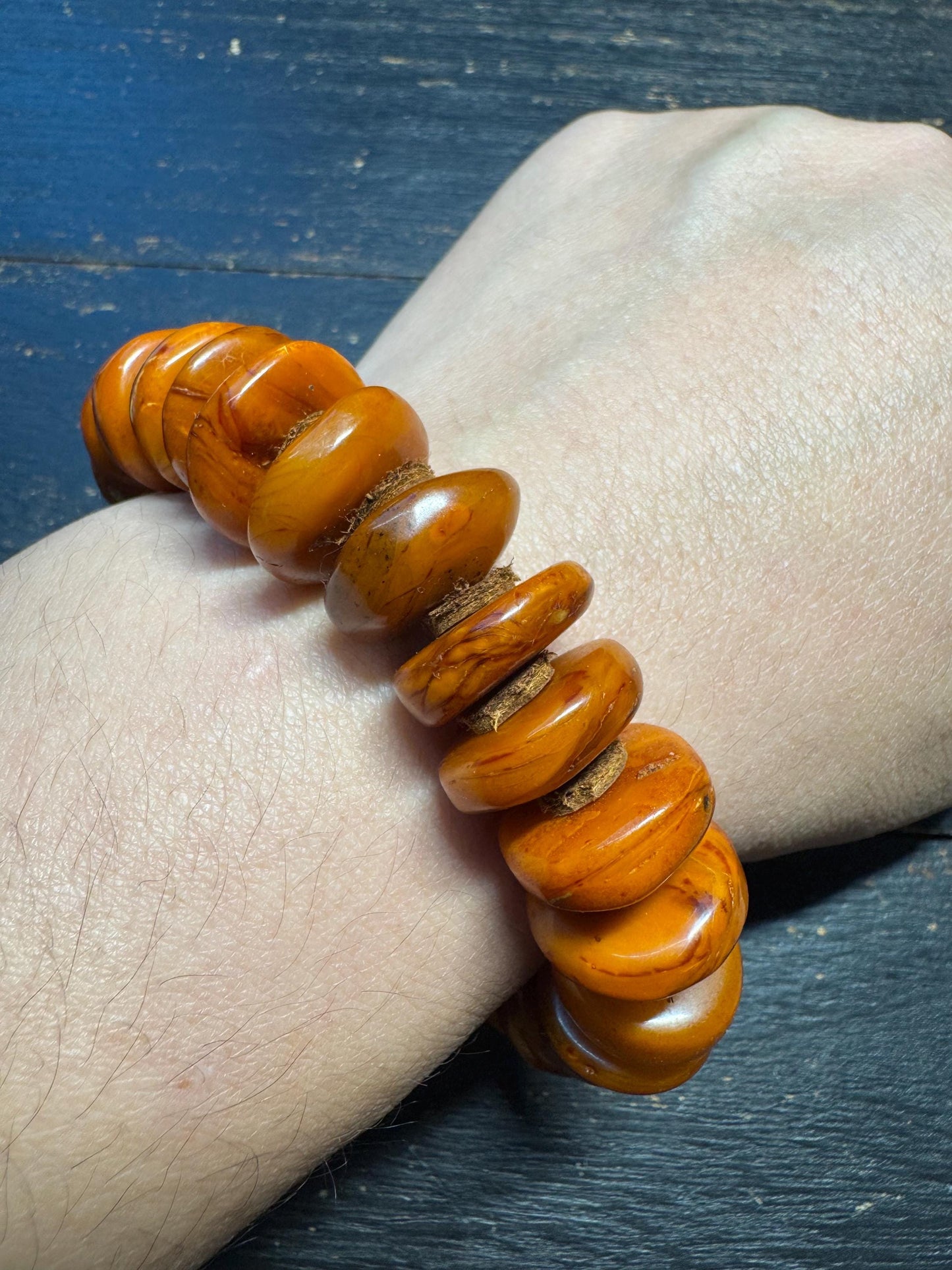 Natural Dark Honey Baltic Amber Bracelet with Leather Spacers, 17mm Beads, Fits Wrists Under 8 Inches, Meditation Jewelry