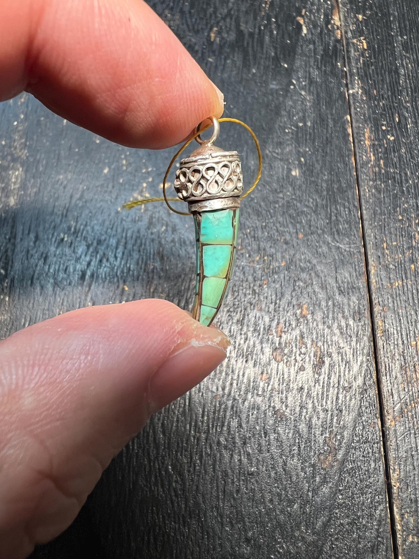 925 Silver Turquoise Horn Pendant, Nepalese Coral Turquoise Tusk Amulet, Tibetan Ethnic Silver Horn Charm