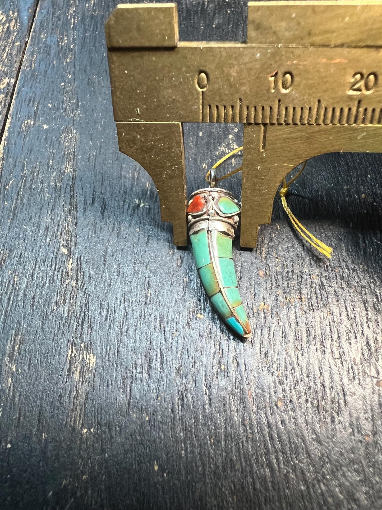 925 Silver Turquoise Horn Pendant, Nepalese Coral Turquoise Tusk Amulet, Tibetan Ethnic Silver Horn Charm