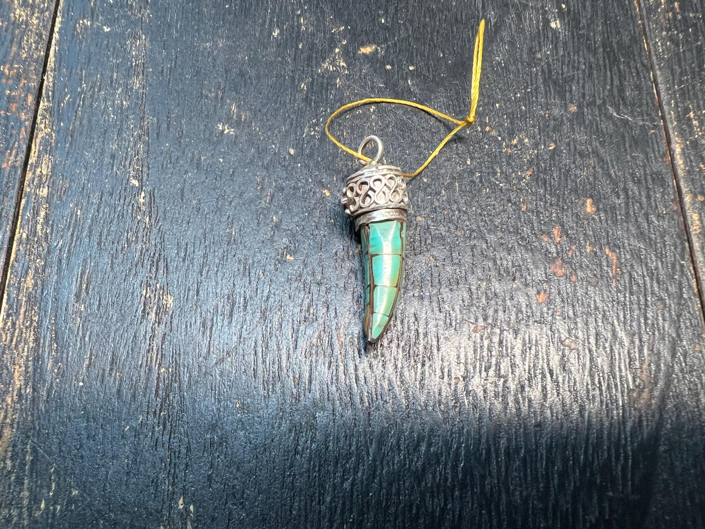 925 Silver Turquoise Horn Pendant, Nepalese Coral Turquoise Tusk Amulet, Tibetan Ethnic Silver Horn Charm