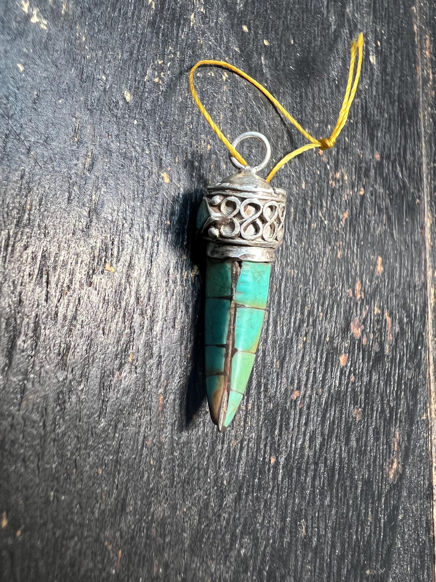 925 Silver Turquoise Horn Pendant, Nepalese Coral Turquoise Tusk Amulet, Tibetan Ethnic Silver Horn Charm