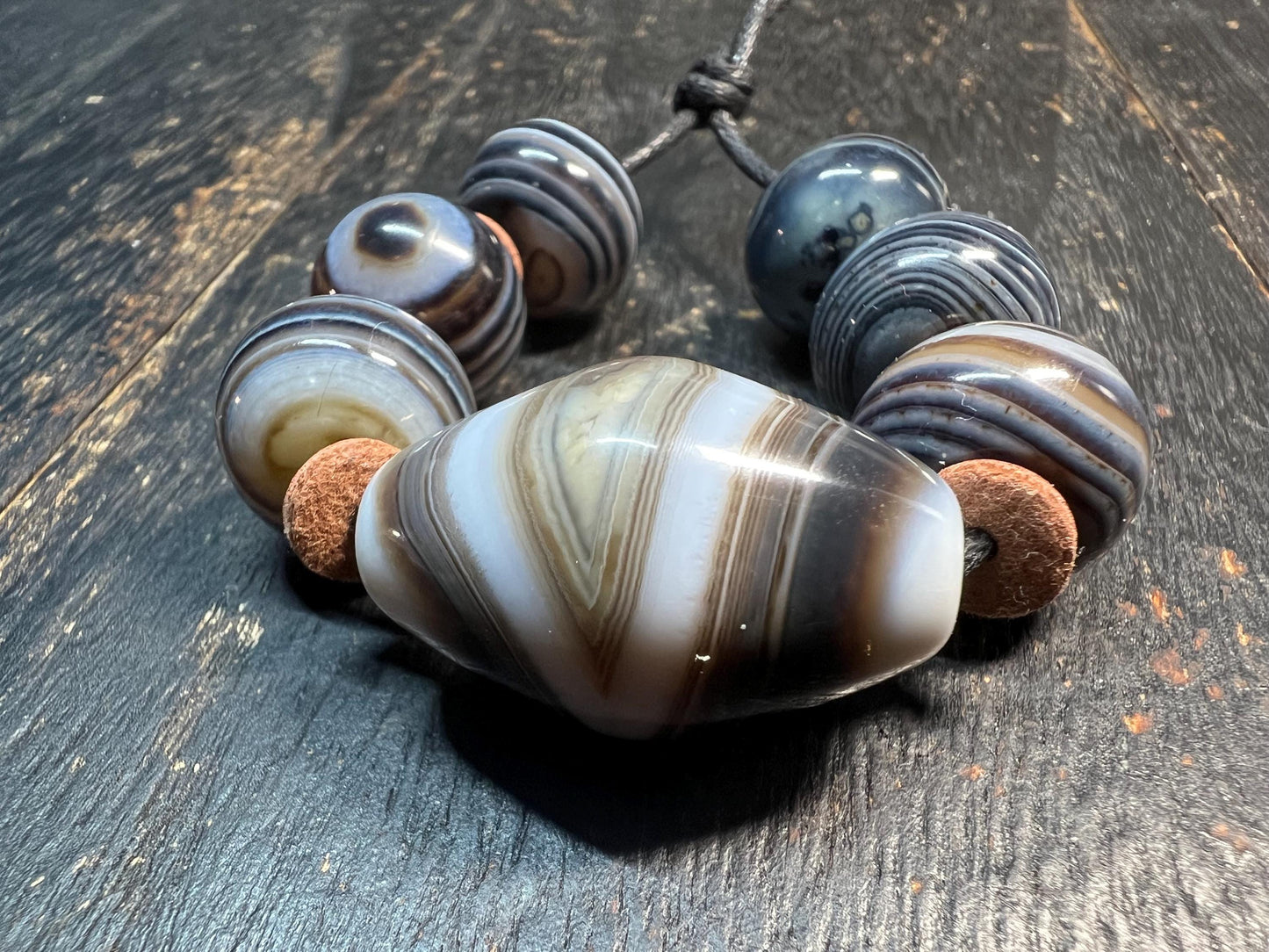 Handmade Botswana Agate 7-Bead Prayer Mala Strand with Eye Focal | Tibetan Nepal Spiritual Beads Amulet
