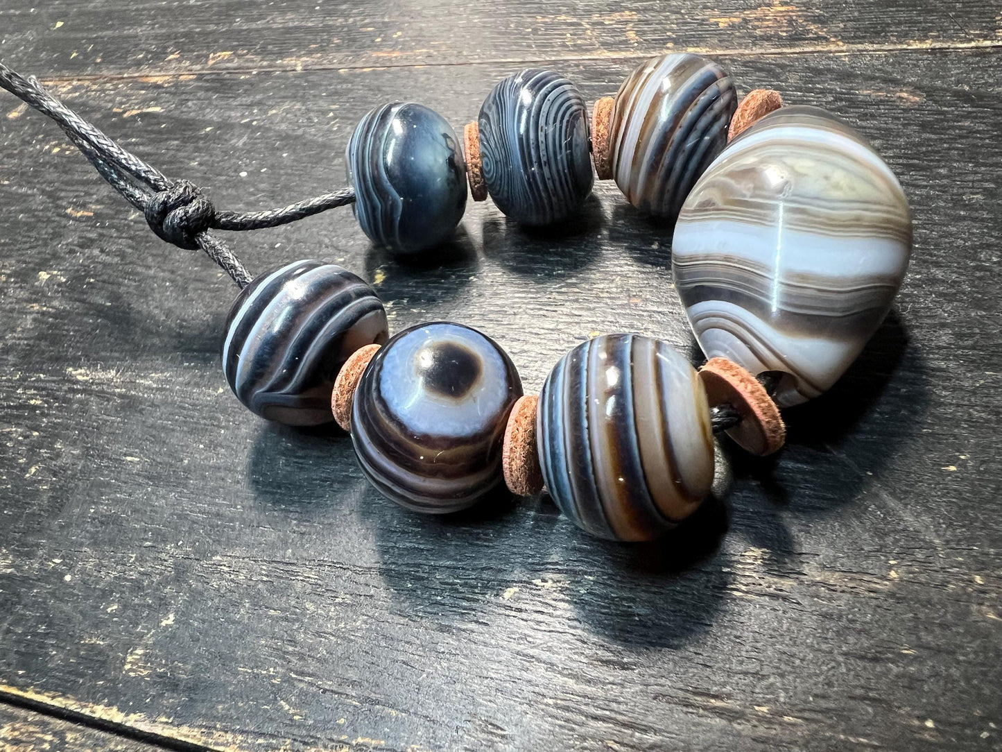 Handmade Botswana Agate 7-Bead Prayer Mala Strand with Eye Focal | Tibetan Nepal Spiritual Beads Amulet