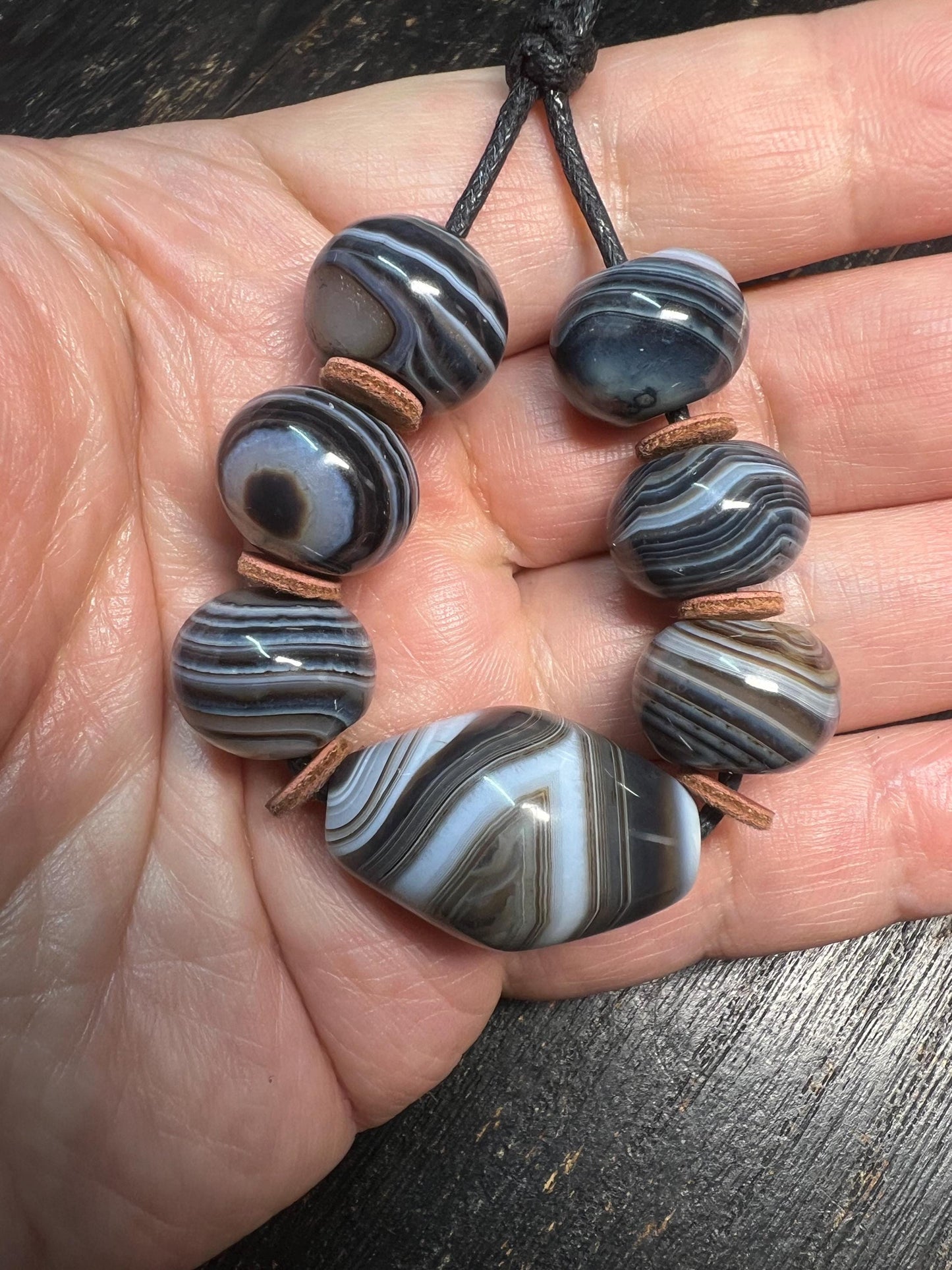 Handmade Botswana Agate 7-Bead Prayer Mala Strand with Eye Focal | Tibetan Nepal Spiritual Beads Amulet