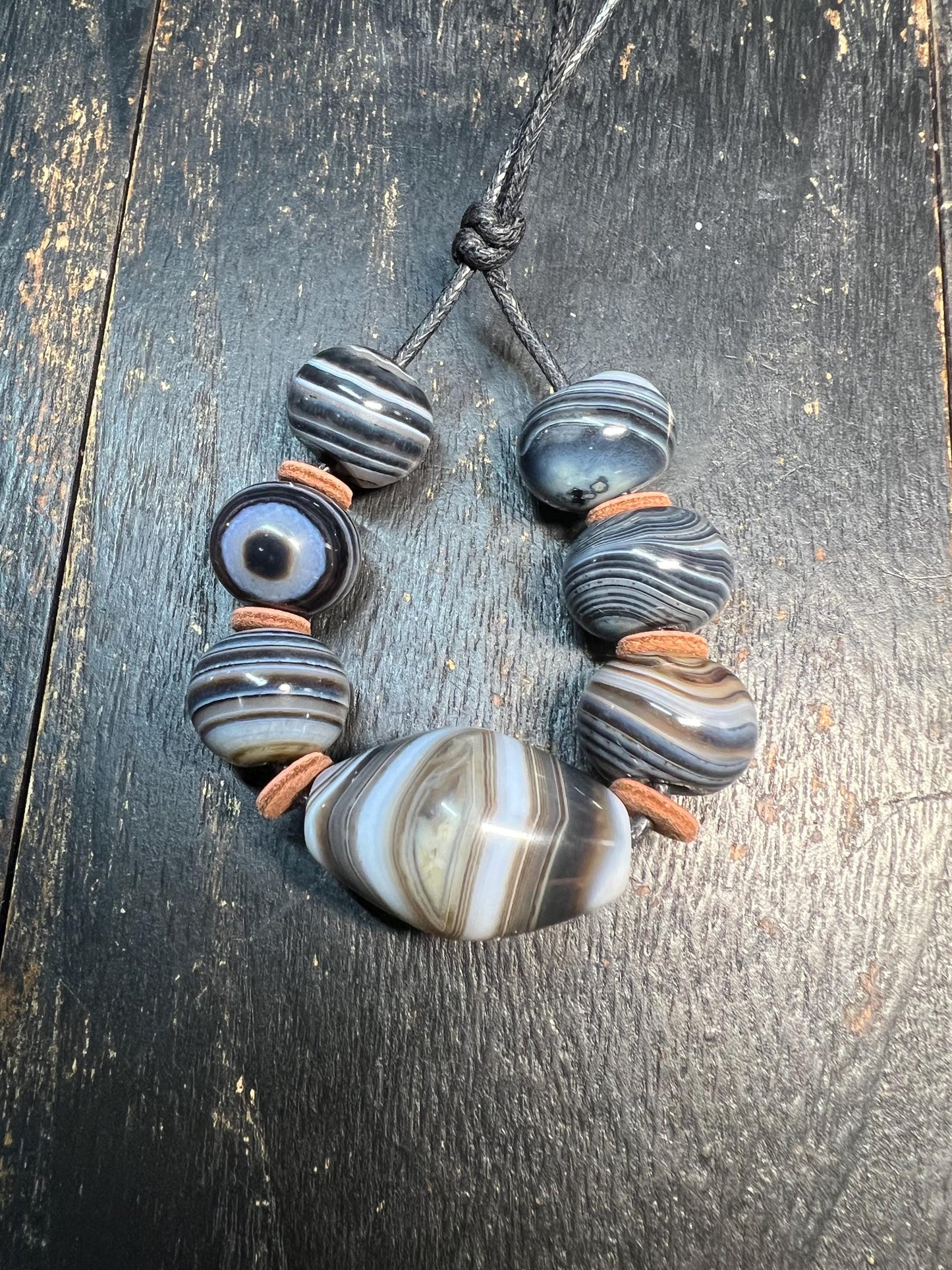 Handmade Botswana Agate 7-Bead Prayer Mala Strand with Eye Focal | Tibetan Nepal Spiritual Beads Amulet