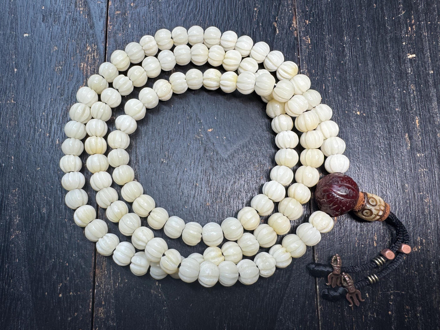 Hand-Carved 10mm Bone 108 Mala Necklace 34” - Vajra Bodhi & Yak Bone Skull Guru Bead, Tibetan Buddhist Prayer Beads