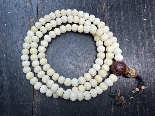 Hand-Carved 10mm Bone 108 Mala Necklace 34” - Vajra Bodhi & Yak Bone Skull Guru Bead, Tibetan Buddhist Prayer Beads