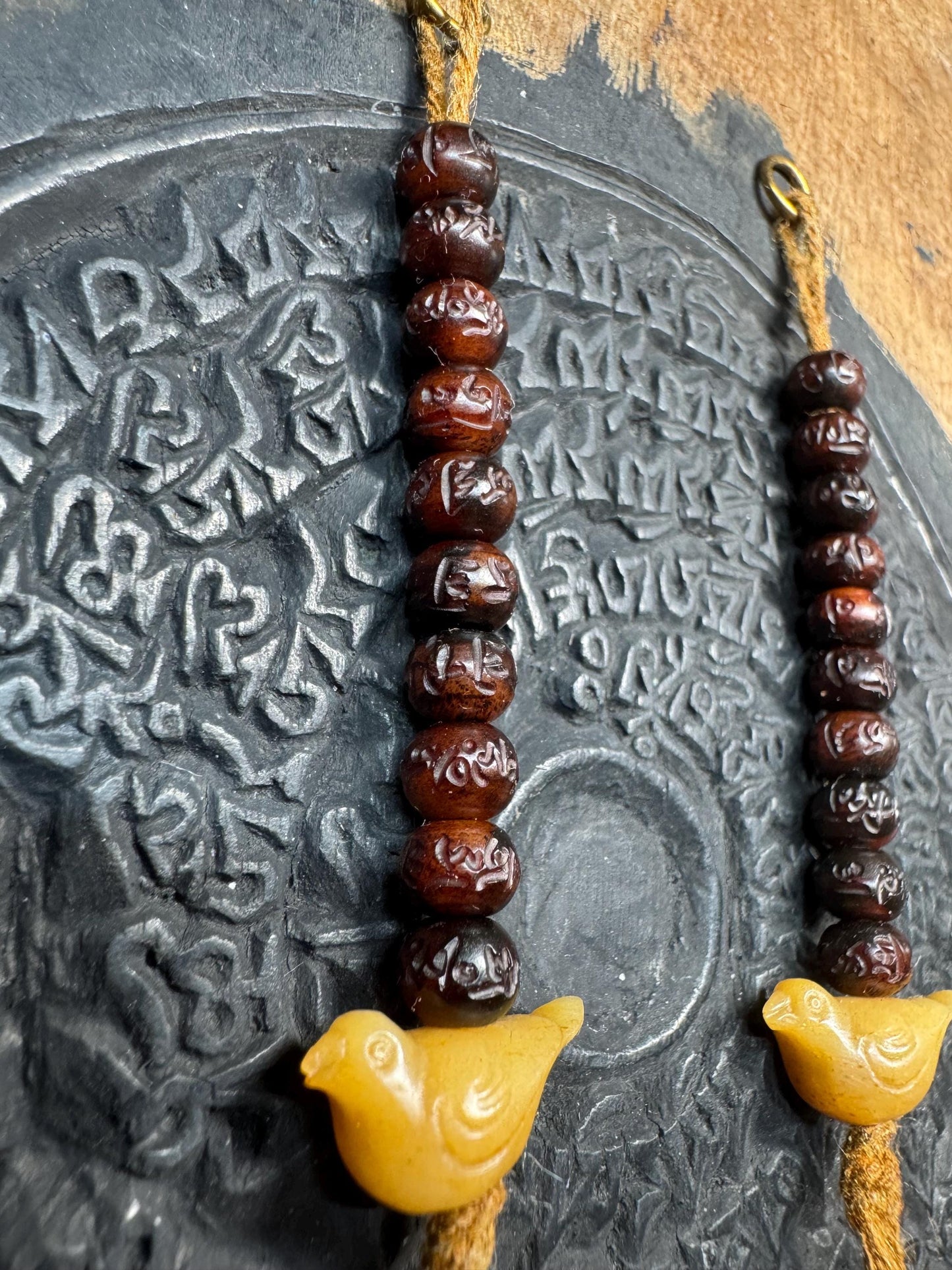 Hand-Carved Yak Bone Mala Counters with Bird Charms - OM Mani Padme Hum Mantra Beads, Tibetan Prayer Set of 2