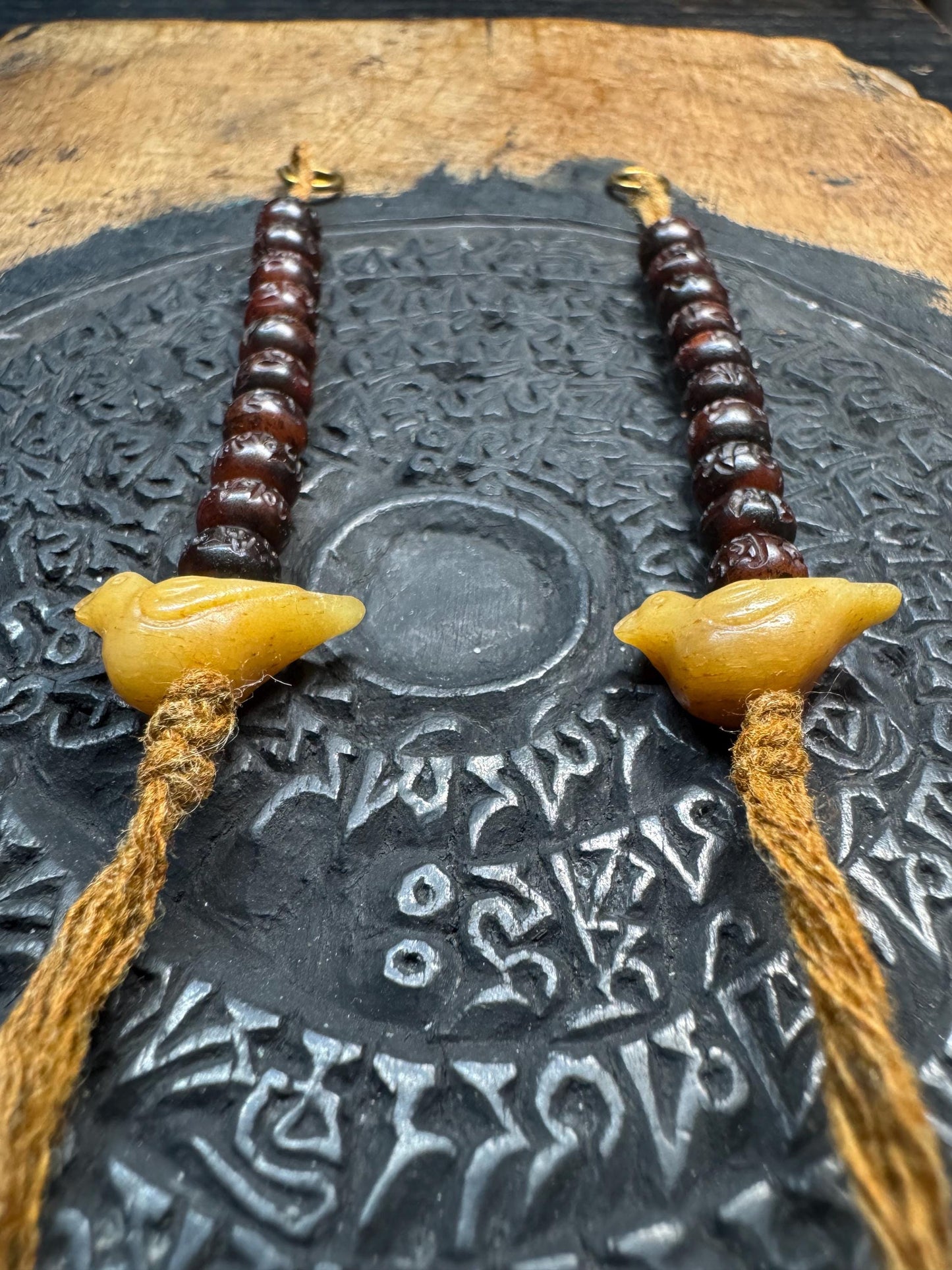 Hand-Carved Yak Bone Mala Counters with Bird Charms - OM Mani Padme Hum Mantra Beads, Tibetan Prayer Set of 2