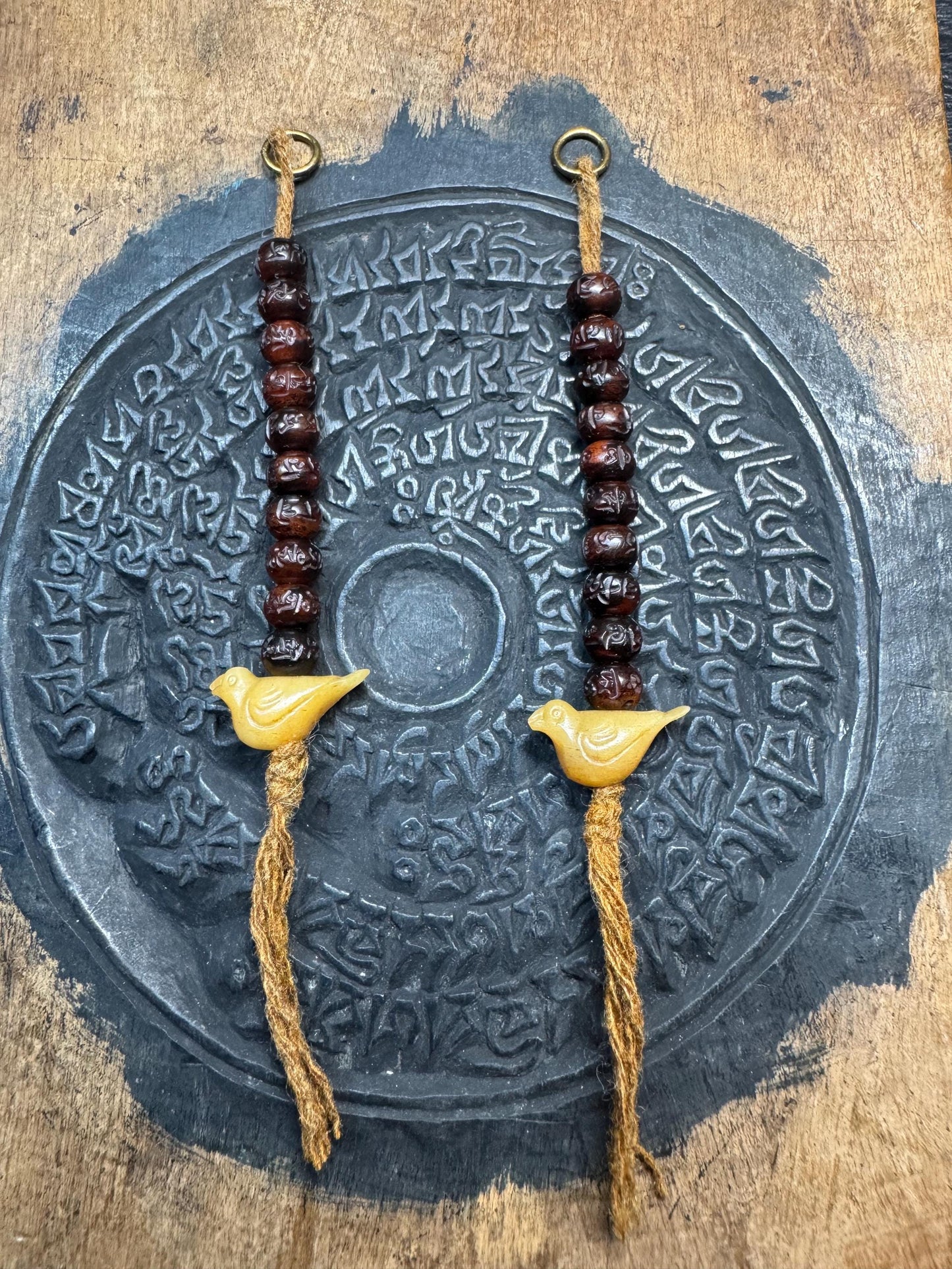 Hand-Carved Yak Bone Mala Counters with Bird Charms - OM Mani Padme Hum Mantra Beads, Tibetan Prayer Set of 2