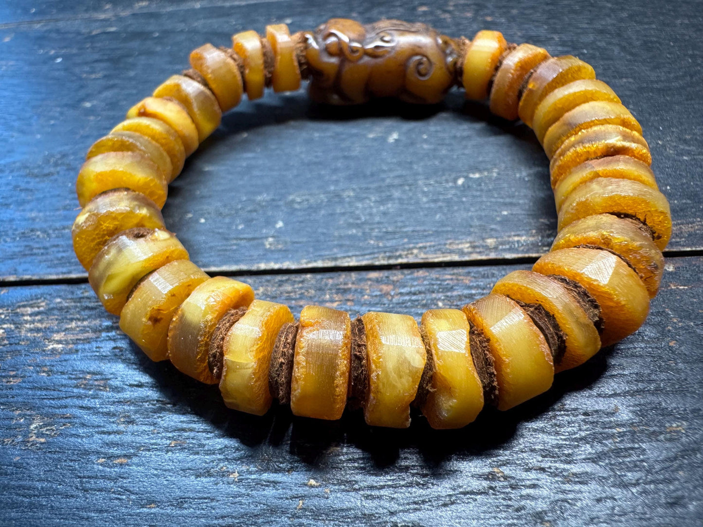 Hand-Carved Yak Bone Pixiu Baltic Amber Mala Bracelet, 12mm Butterscotch Beads, 28-Bead Wrist Mala for 7-8” Wrists, Tibetan Feng Shui Jewelr