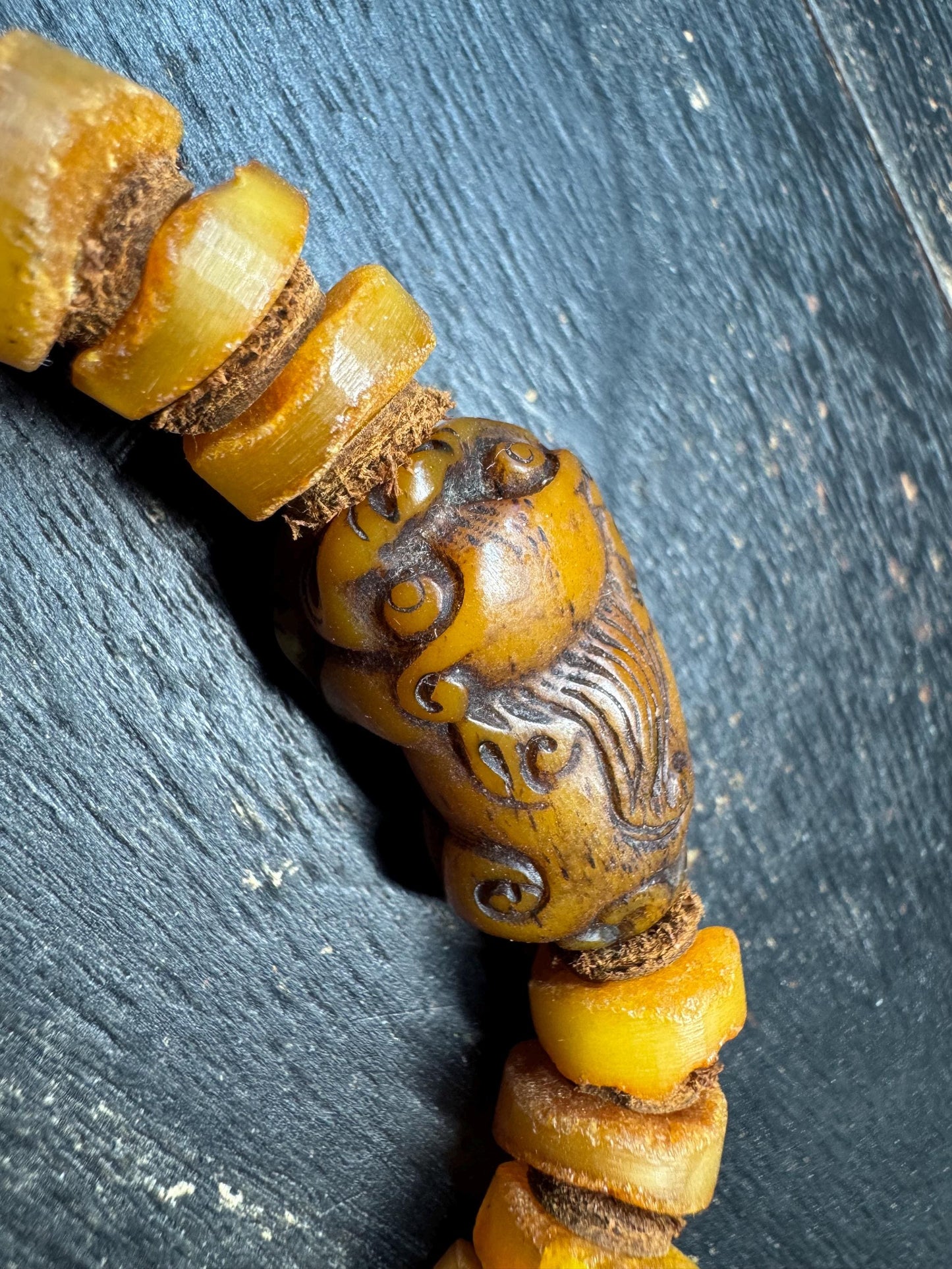 Hand-Carved Yak Bone Pixiu Baltic Amber Mala Bracelet, 12mm Butterscotch Beads, 28-Bead Wrist Mala for 7-8” Wrists, Tibetan Feng Shui Jewelr