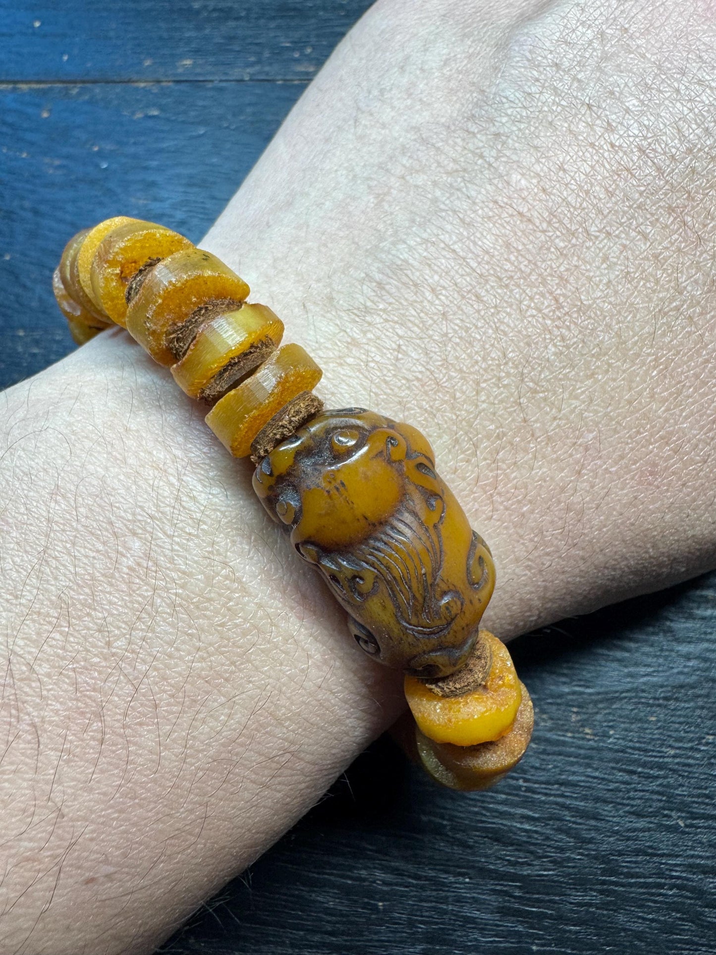 Hand-Carved Yak Bone Pixiu Baltic Amber Mala Bracelet, 12mm Butterscotch Beads, 28-Bead Wrist Mala for 7-8” Wrists, Tibetan Feng Shui Jewelr