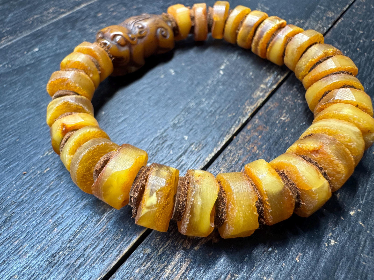 Hand-Carved Yak Bone Pixiu Baltic Amber Mala Bracelet, 12mm Butterscotch Beads, 28-Bead Wrist Mala for 7-8” Wrists, Tibetan Feng Shui Jewelr