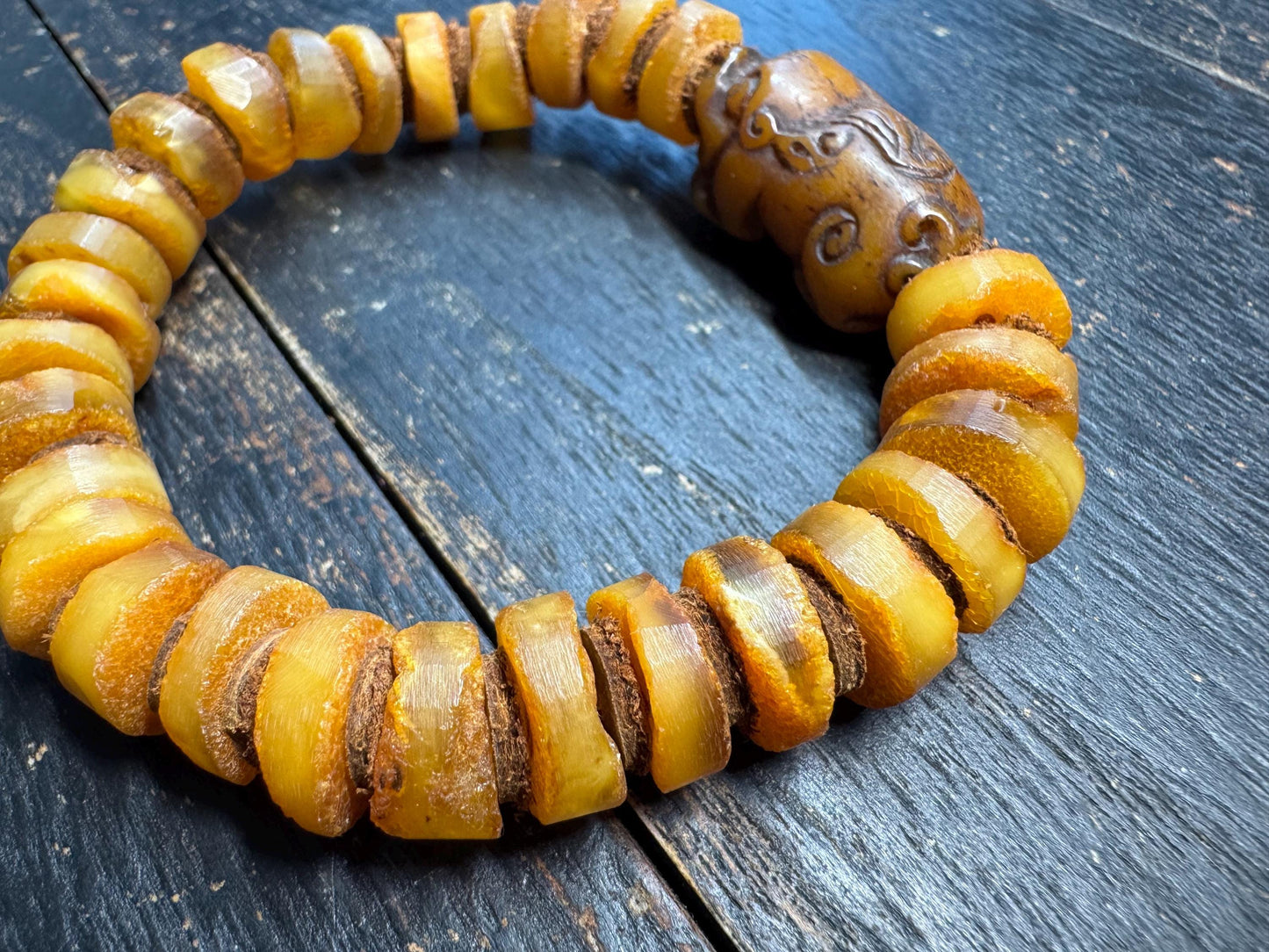 Hand-Carved Yak Bone Pixiu Baltic Amber Mala Bracelet, 12mm Butterscotch Beads, 28-Bead Wrist Mala for 7-8” Wrists, Tibetan Feng Shui Jewelr