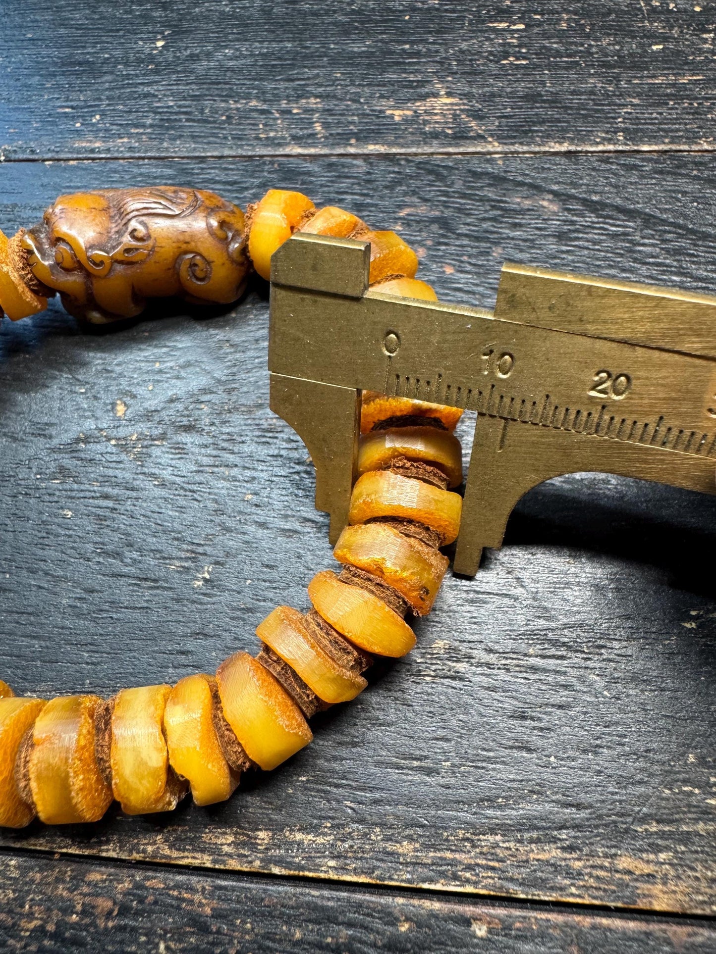 Hand-Carved Yak Bone Pixiu Baltic Amber Mala Bracelet, 12mm Butterscotch Beads, 28-Bead Wrist Mala for 7-8” Wrists, Tibetan Feng Shui Jewelr