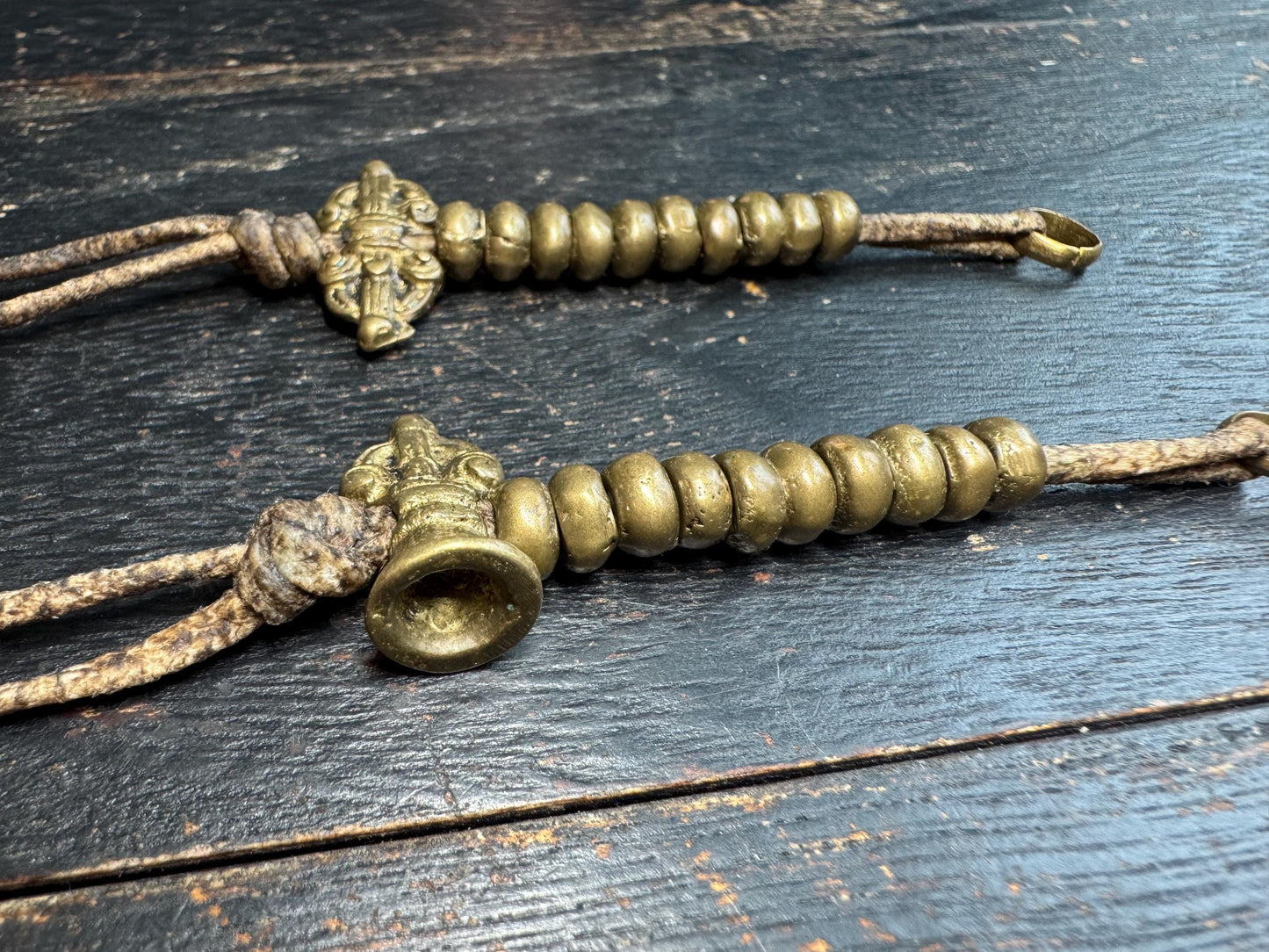 Handmade Brass Tibetan Mala Counter | Dorje Bell Prayer Bead Tally | Sheepskin Cord Set | Authentic Nepal Craft