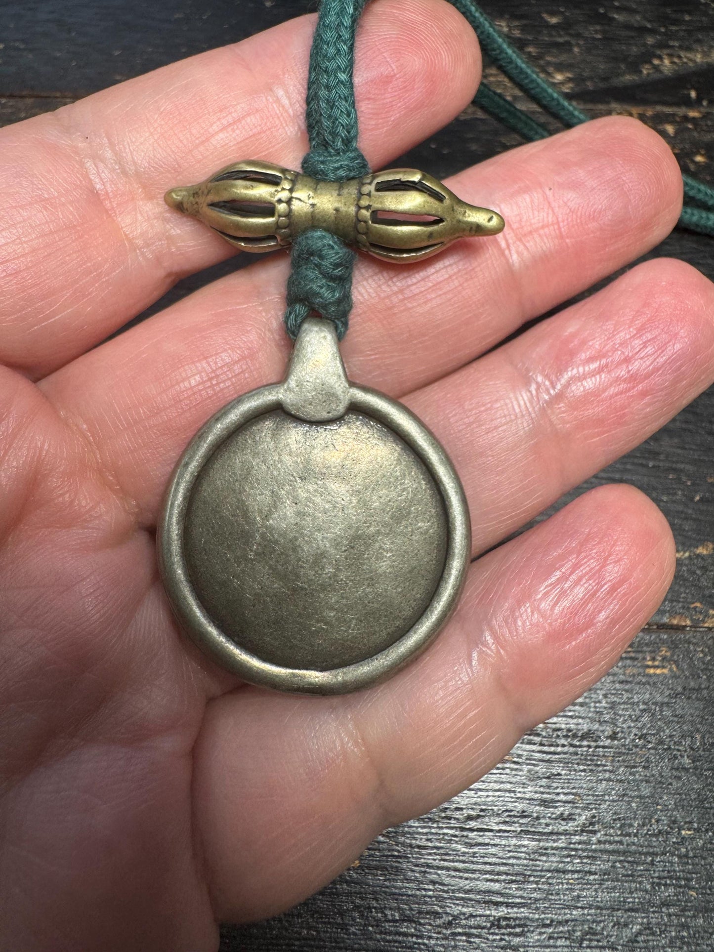 Tibetan White Copper Six Syllable Mantra Pendant – Om Mani Padme Hum Amulet with Dorje, Protective Prayer Necklace