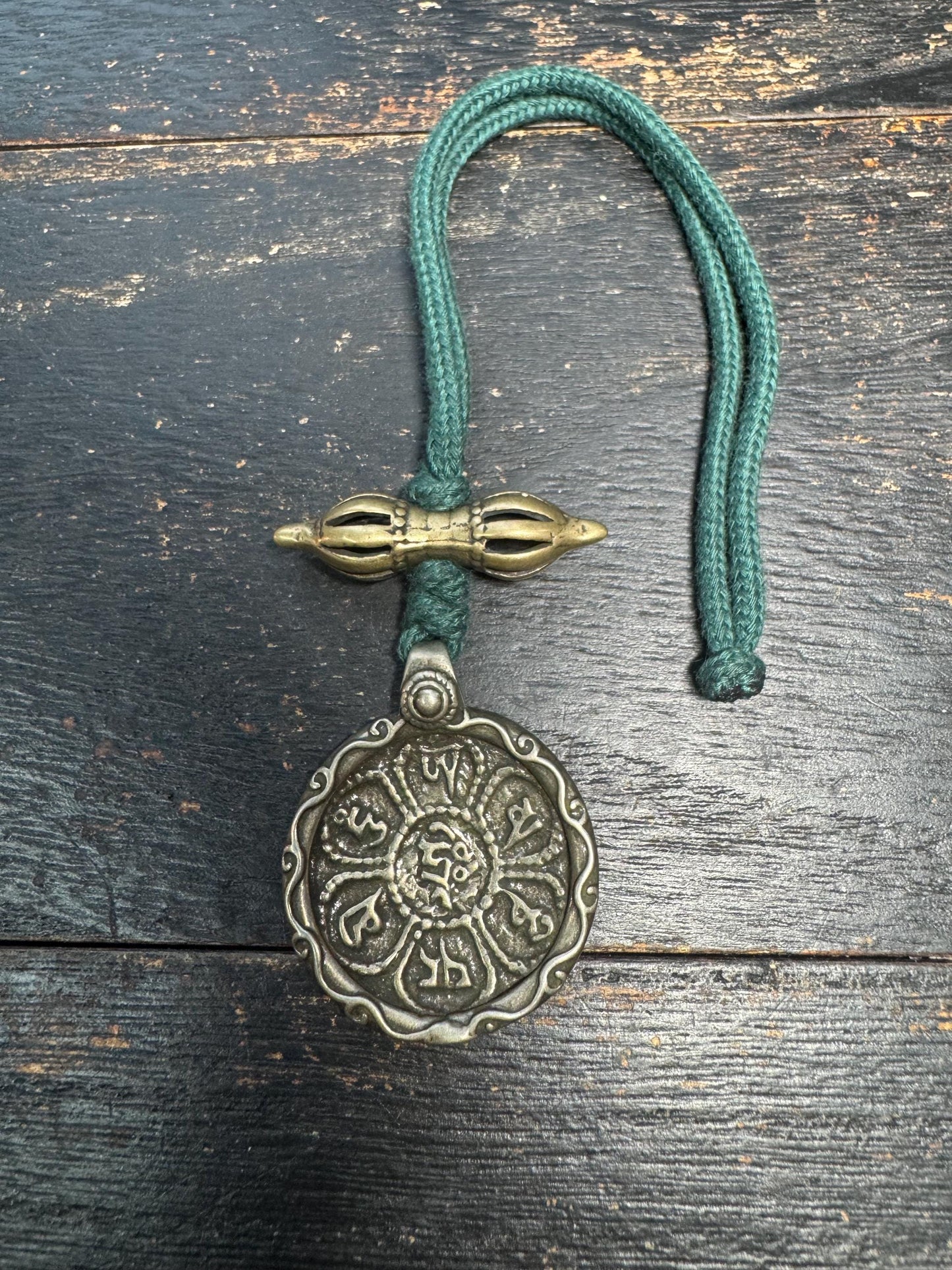 Tibetan White Copper Six Syllable Mantra Pendant – Om Mani Padme Hum Amulet with Dorje, Protective Prayer Necklace