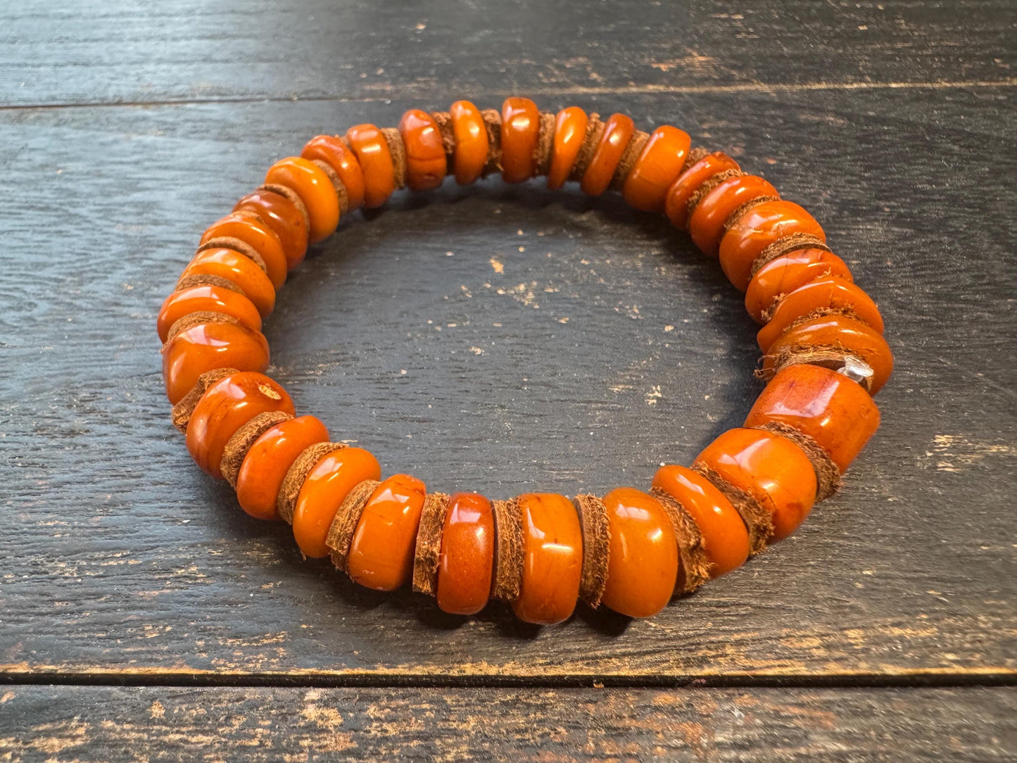 Natural Dark Honey Baltic Amber Bracelet with Leather Spacers, 9-11mm Beads, Fits Wrists Under 8 Inches, Meditation Jewelry