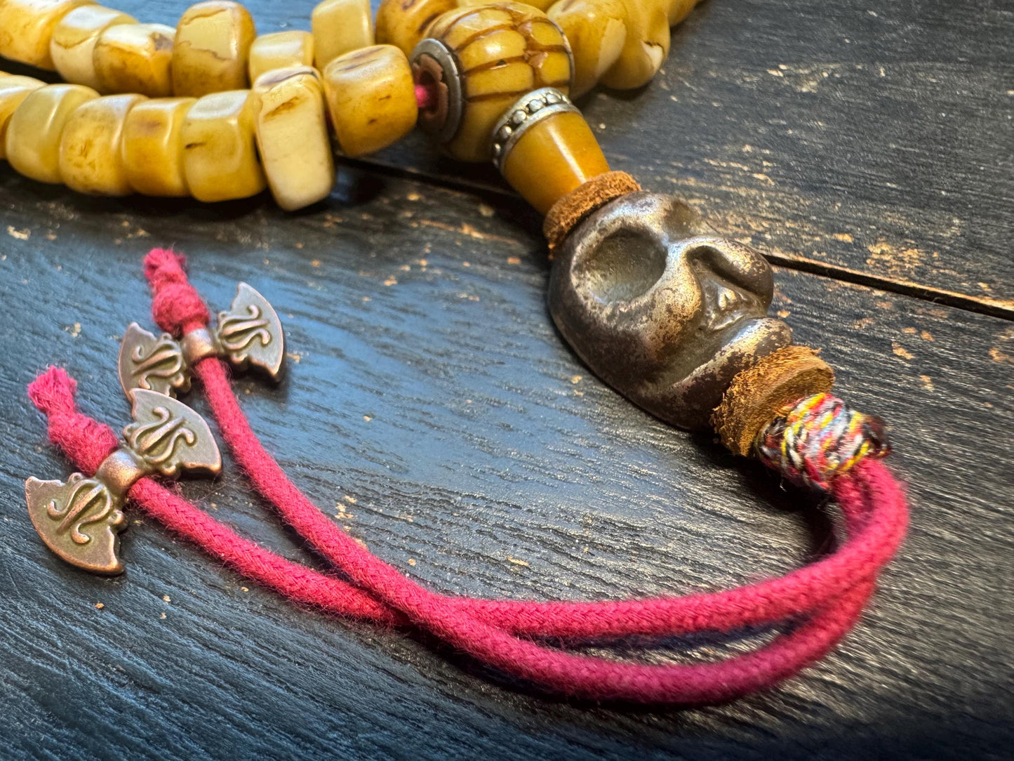 108 Camel Tooth Mala with Yak Bone Skull Guru Bead & Copper Accents | 13mm Tibetan Cemetery Style Bone Prayer Beads