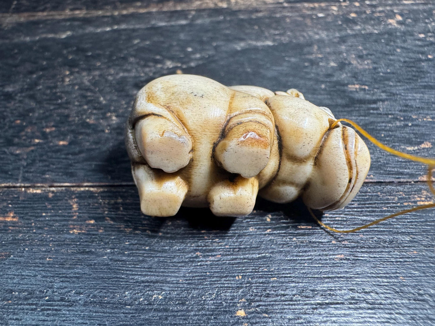 Hand Carved Deer Antler Hippo Netsuke Figurine, Miniature Hippopotamus Talisman, Natural Stag Antler Carving, Pocket Animal Sculpture