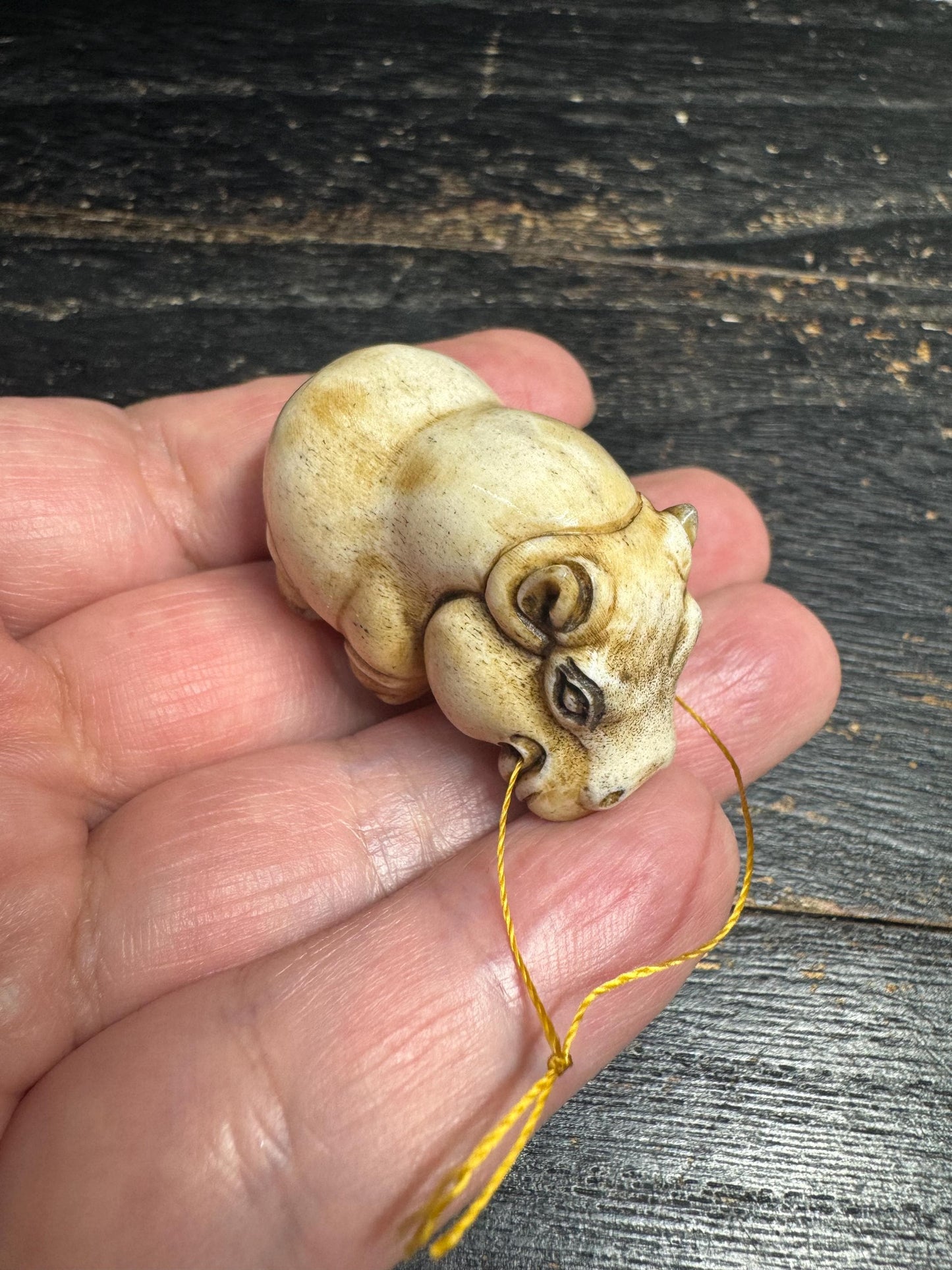 Hand Carved Deer Antler Hippo Netsuke Figurine, Miniature Hippopotamus Talisman, Natural Stag Antler Carving, Pocket Animal Sculpture