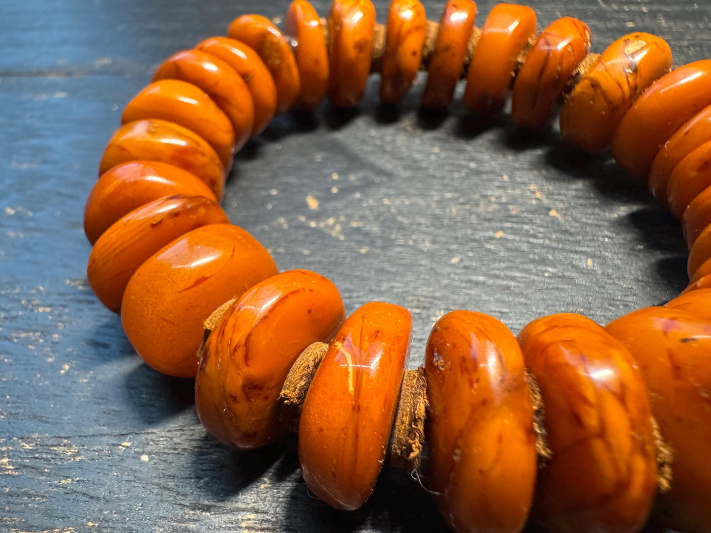 Natural Dark Honey Baltic Amber Bracelet with Leather Spacers, 17mm Beads, Fits Wrists Under 8 Inches, Meditation Jewelry