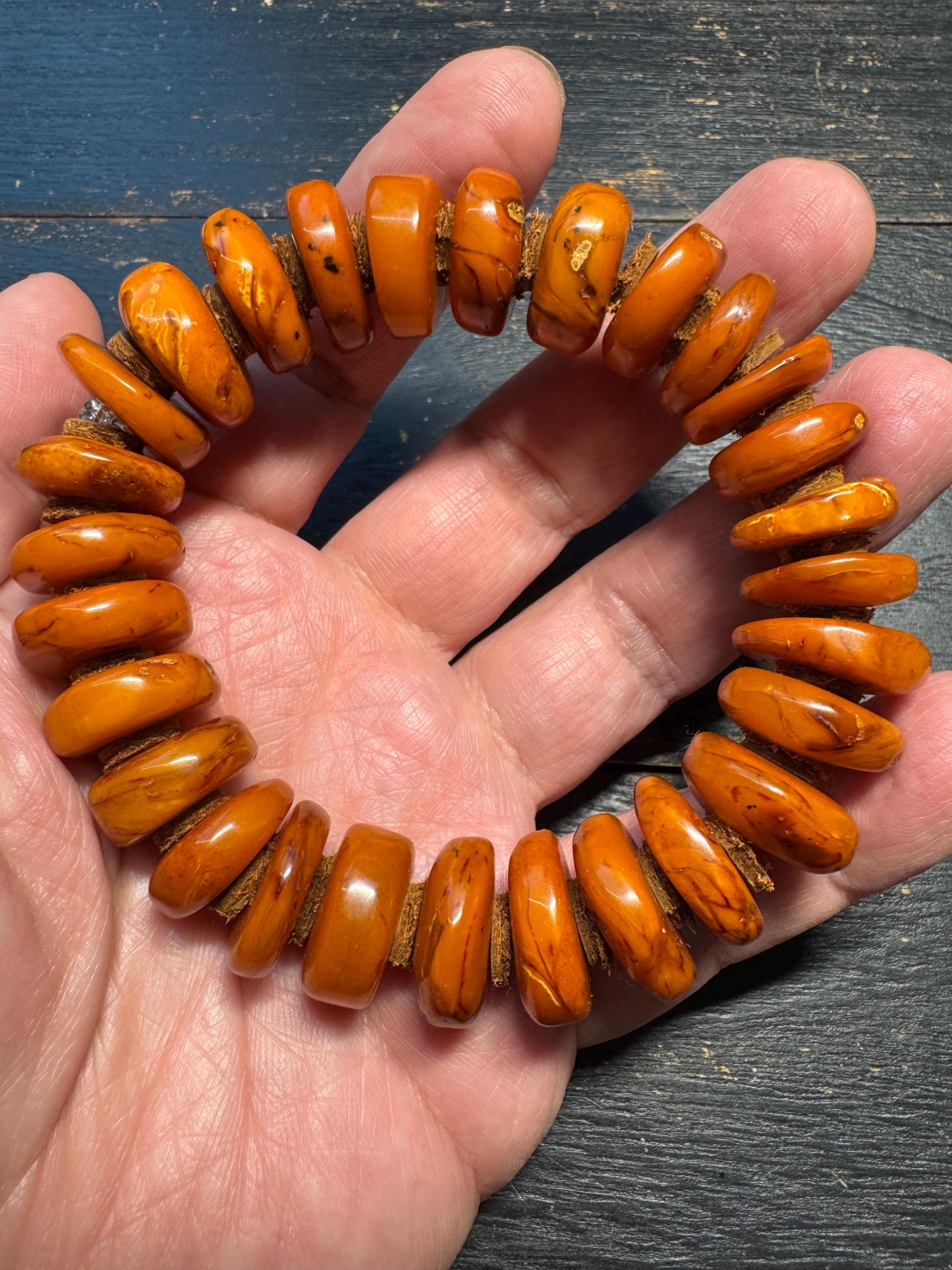 Natural Dark Honey Baltic Amber Bracelet with Leather Spacers, 17mm Beads, Fits Wrists Under 8 Inches, Meditation Jewelry