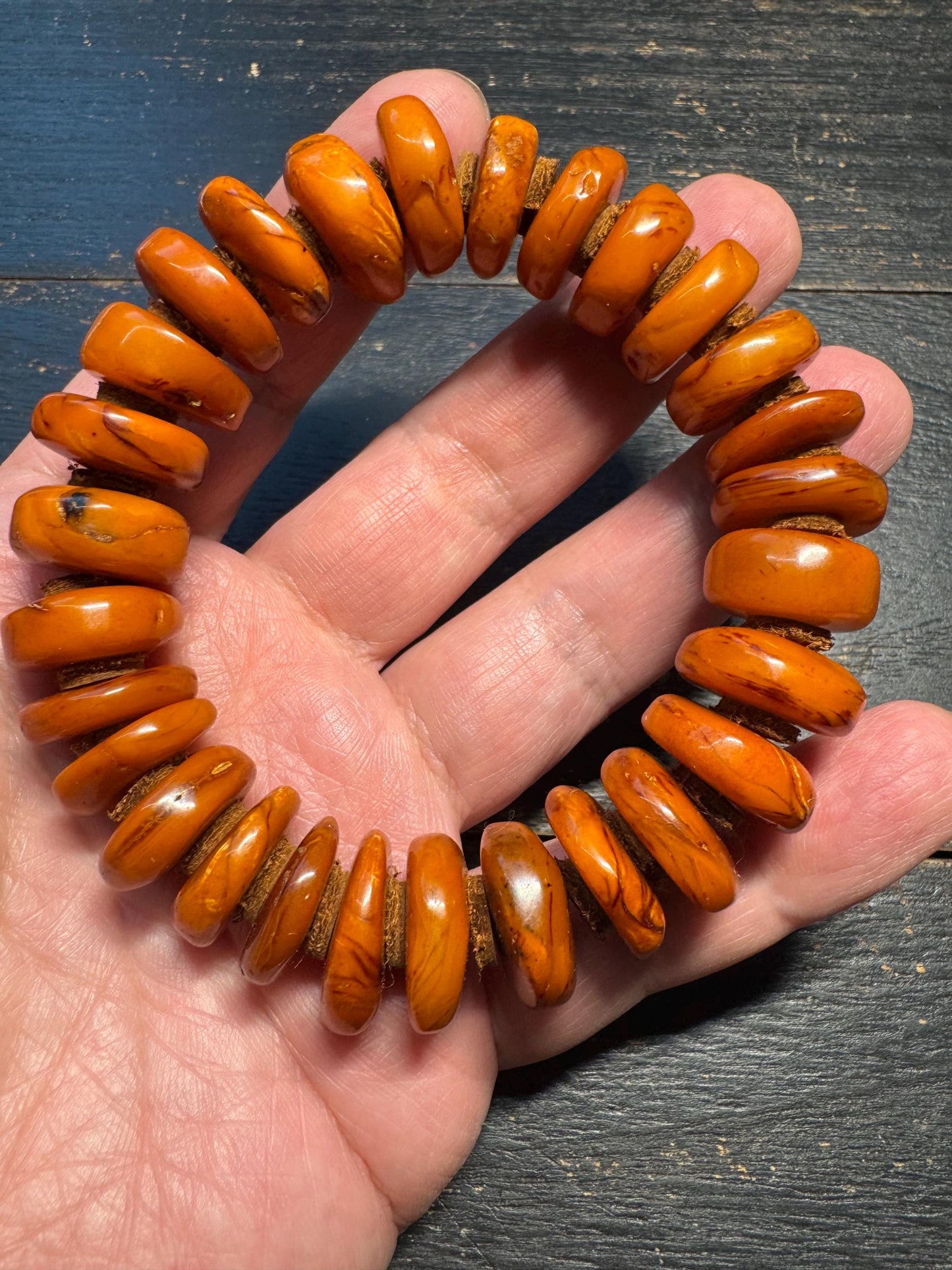Natural Dark Honey Baltic Amber Bracelet with Leather Spacers, 17mm Beads, Fits Wrists Under 8 Inches, Meditation Jewelry