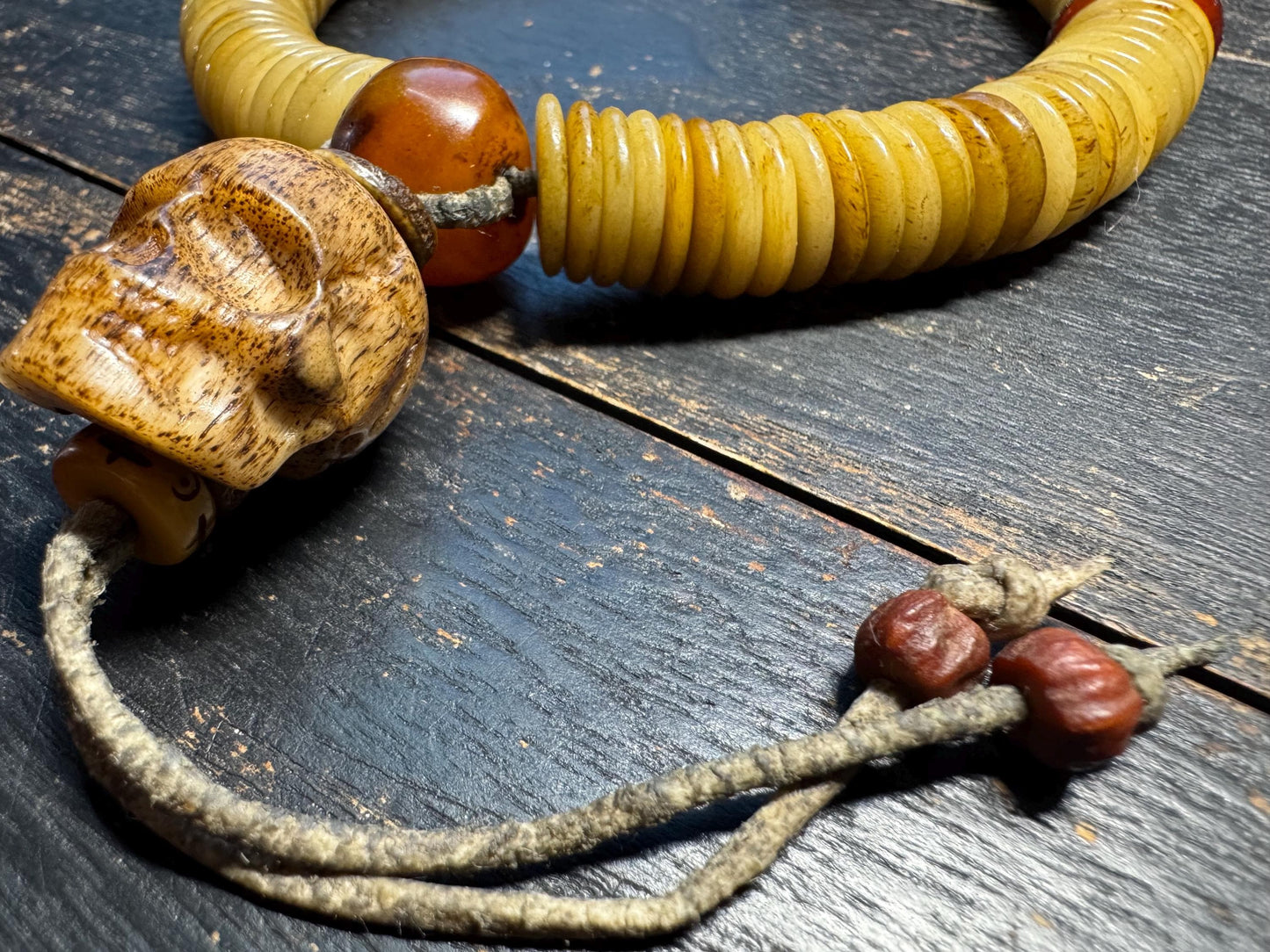 15mm 108 Yak Bone Mala Handheld Prayer Beads | Bodhi Spacers, Agate Guru, Chödorling Skull, Sheepskin Cord Tibetan