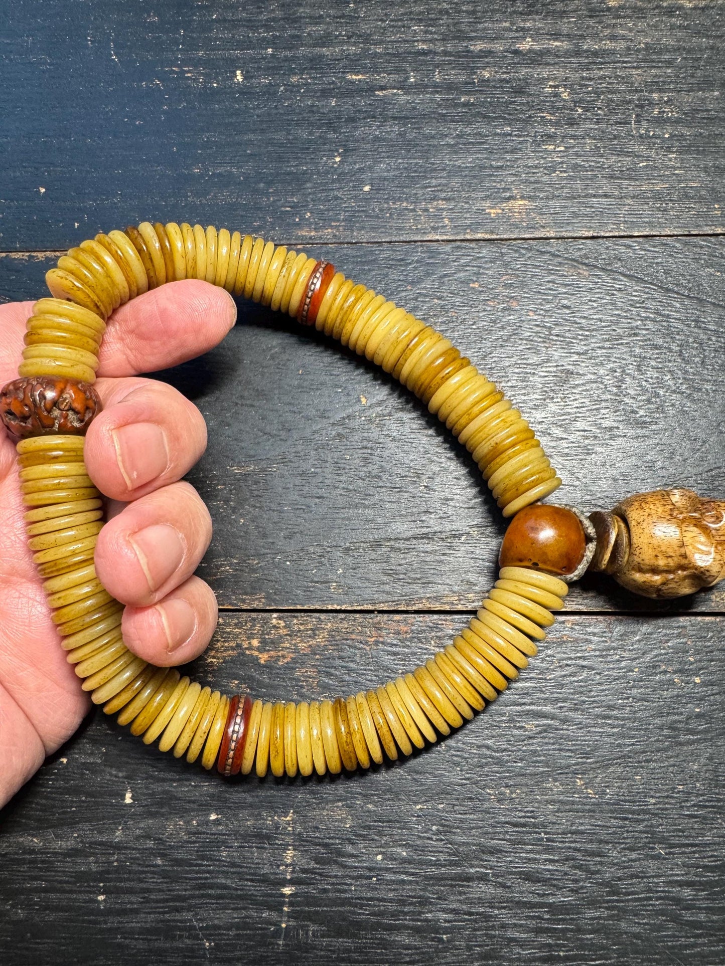 15mm 108 Yak Bone Mala Handheld Prayer Beads | Bodhi Spacers, Agate Guru, Chödorling Skull, Sheepskin Cord Tibetan