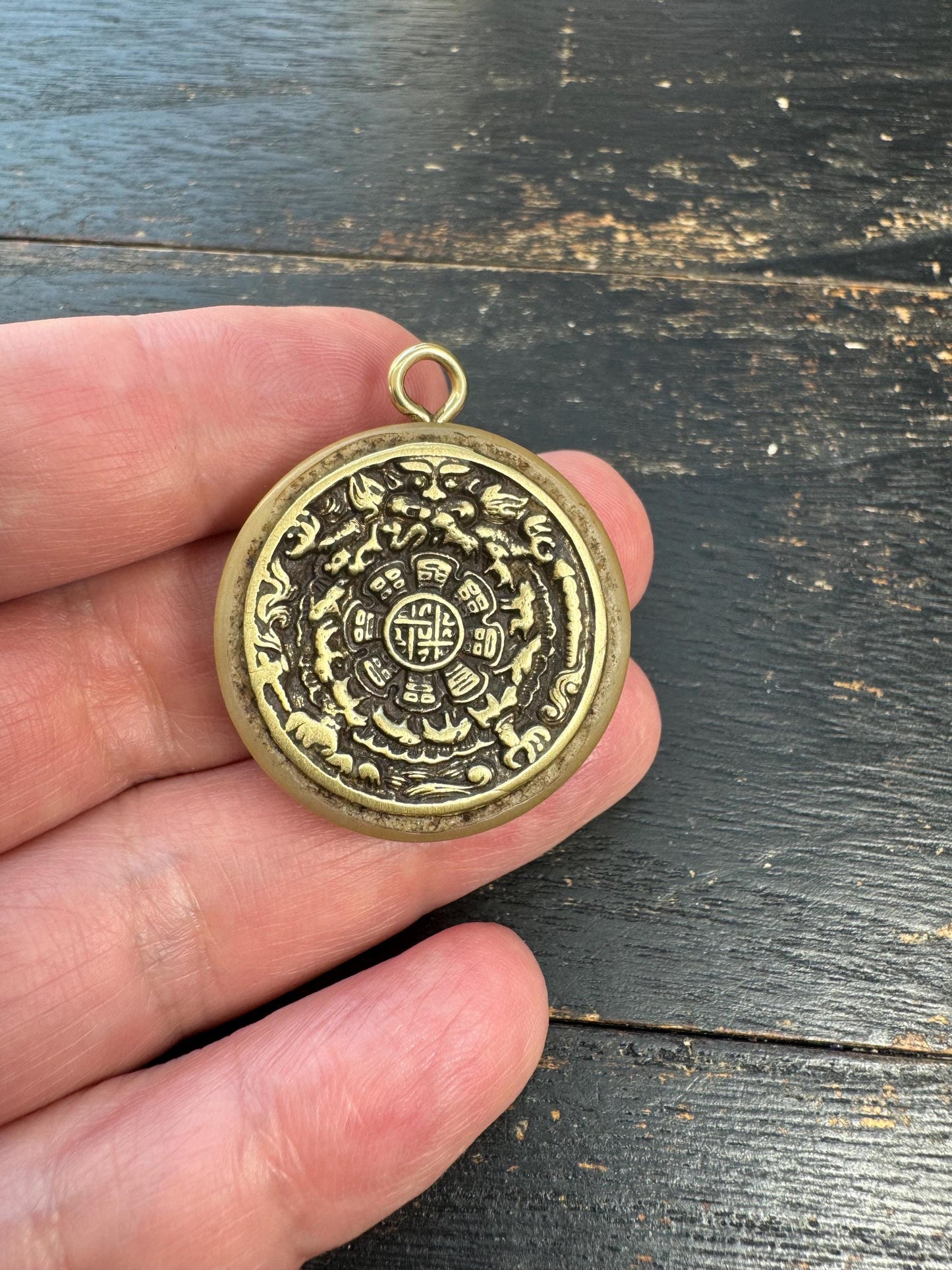 Tibetan Nine Palace Eight Trigrams Pendant, Brass Jiugong Bagua Amulet, Yak Bone Inlay Talisman, Protection Feng Shui Charm
