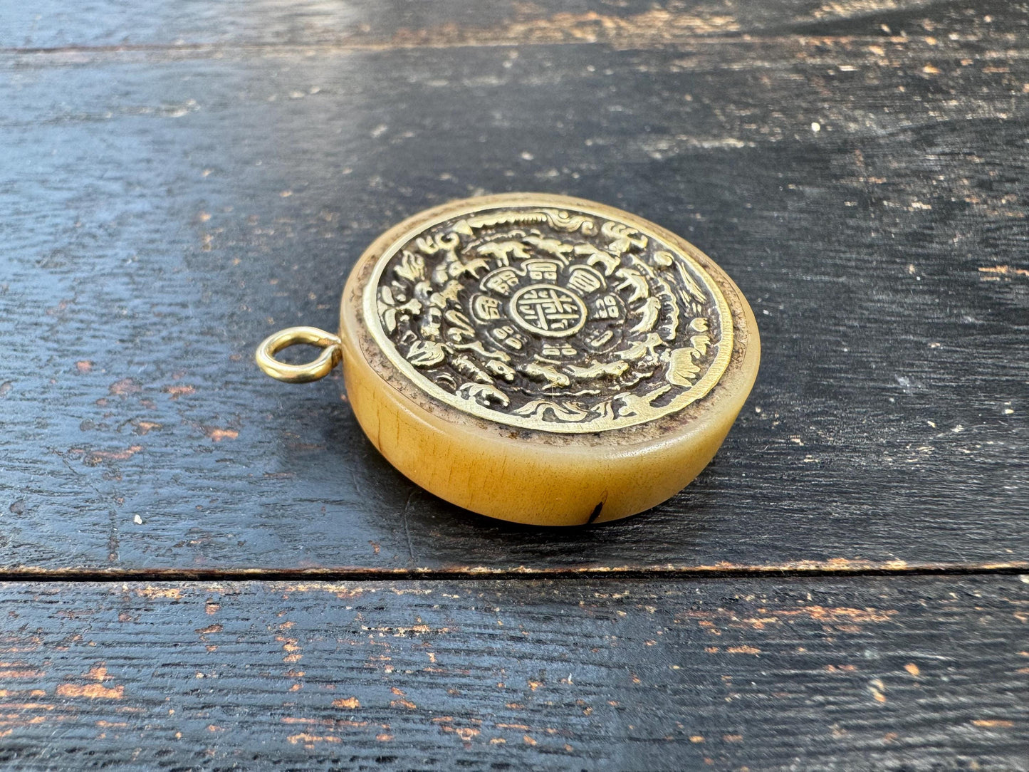 Tibetan Nine Palace Eight Trigrams Pendant, Brass Jiugong Bagua Amulet, Yak Bone Inlay Talisman, Protection Feng Shui Charm