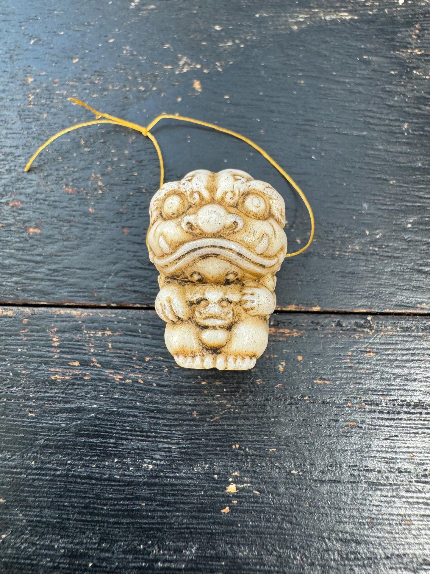 Hand Carved Deer Antler Foo Dog Pendant | Chinese Guardian Lion Shishi | Protection Amulet Necklace Bead