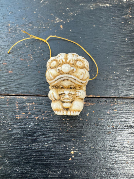 Hand Carved Deer Antler Foo Dog Pendant | Chinese Guardian Lion Shishi | Protection Amulet Necklace Bead