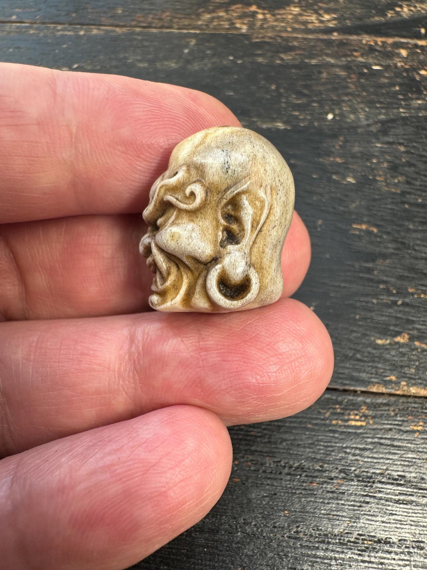 Deer Antler Wrathful Protector Head Bead – Tibetan Style Dharmapala Spacer – Hand Carved Skull Guardian Mala Bead