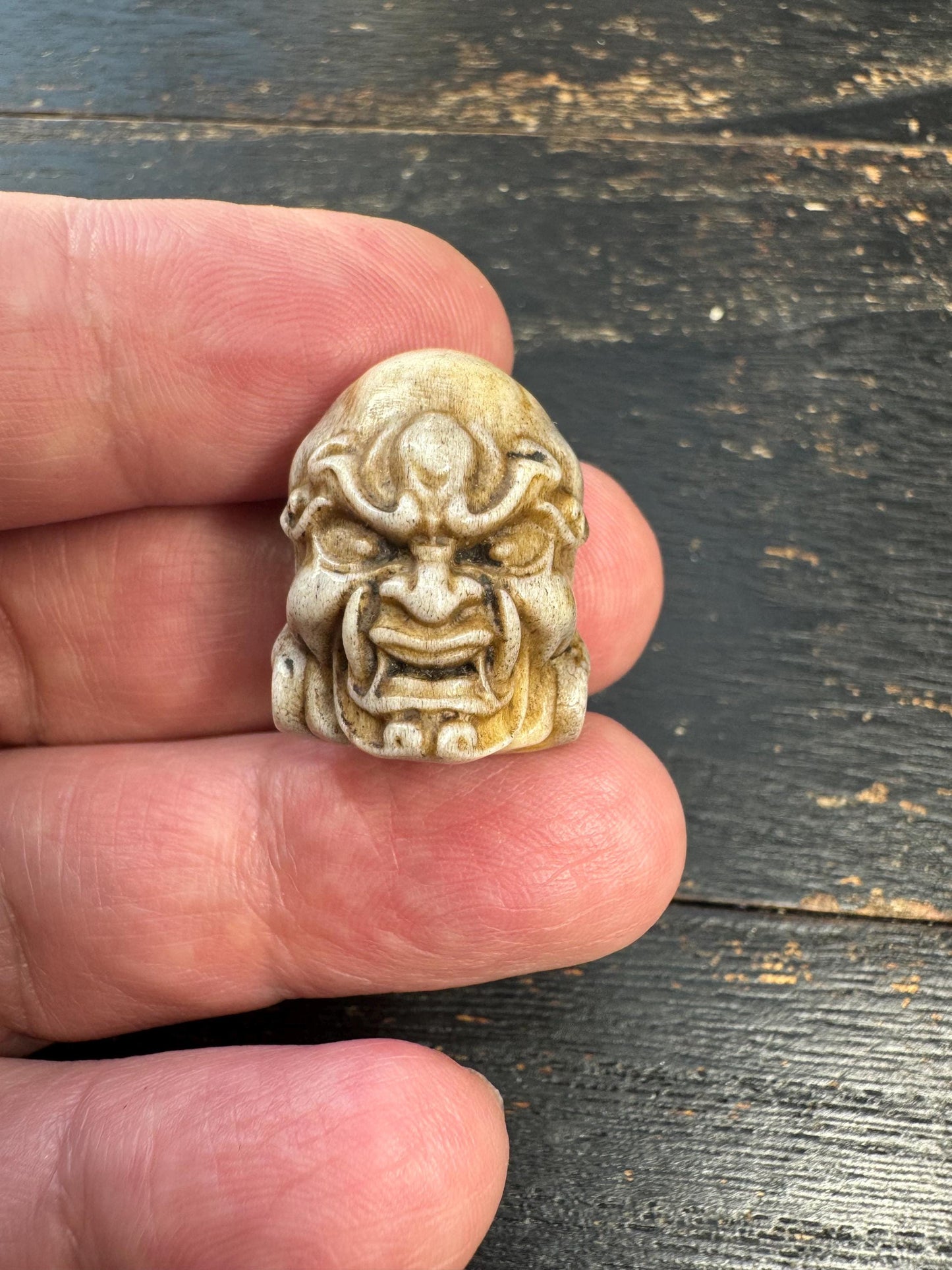 Deer Antler Wrathful Protector Head Bead – Tibetan Style Dharmapala Spacer – Hand Carved Skull Guardian Mala Bead