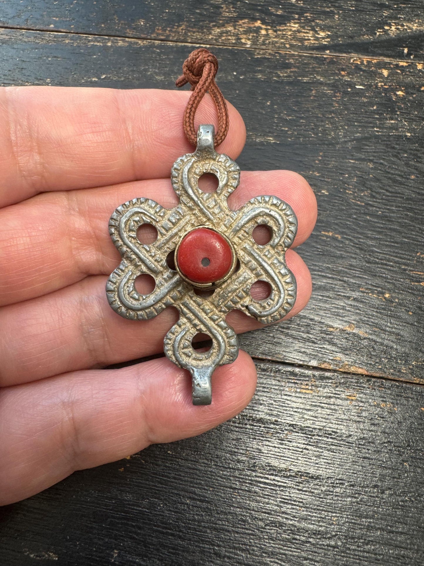 Tibetan Endless Knot Pendant White Copper Coral Inlay | Eternal Knot Amulet Hook | Nepalese Buddhist Protection Charm Car Hanging