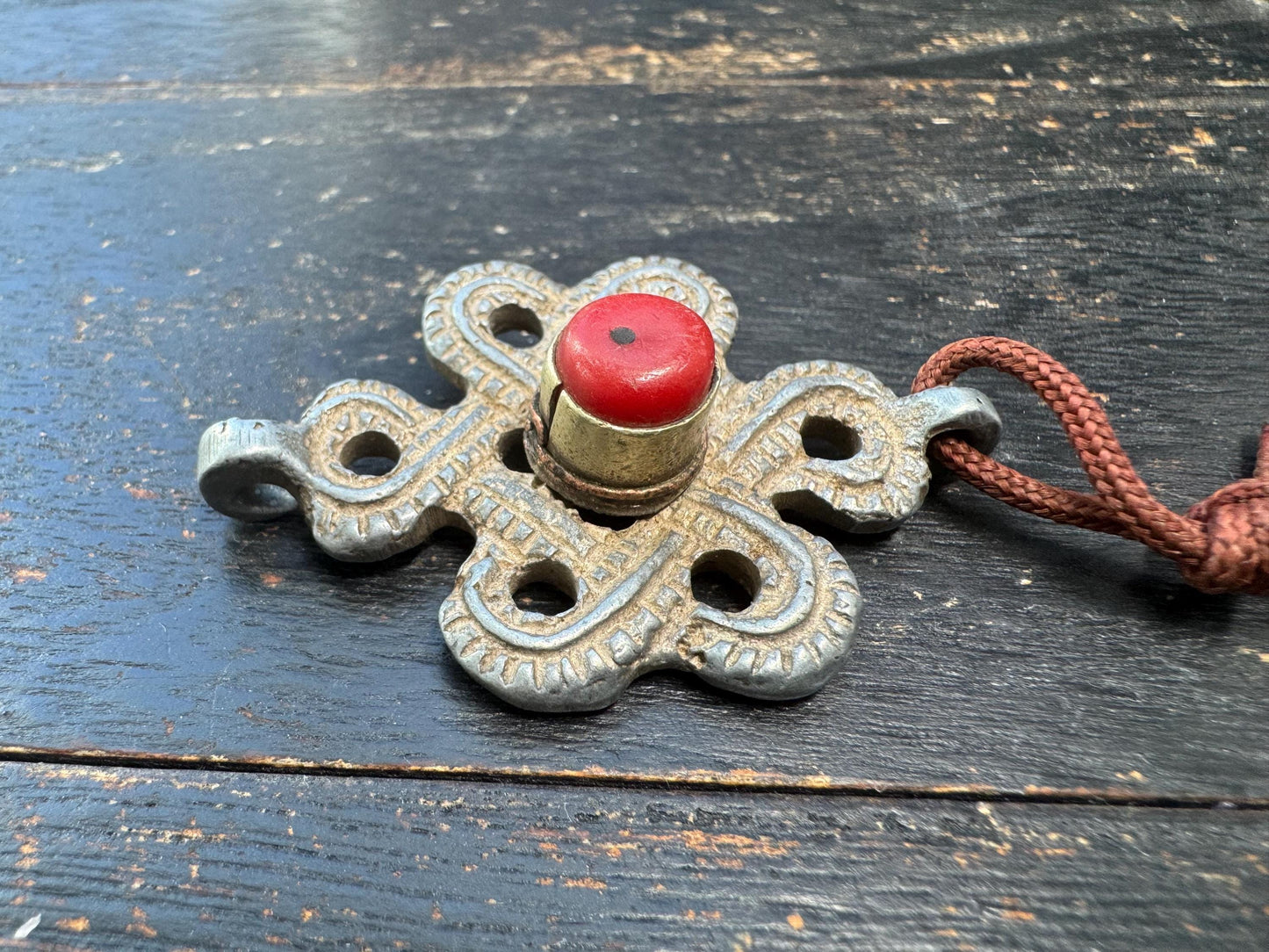 Tibetan Endless Knot Pendant White Copper Coral Inlay | Eternal Knot Amulet Hook | Nepalese Buddhist Protection Charm Car Hanging